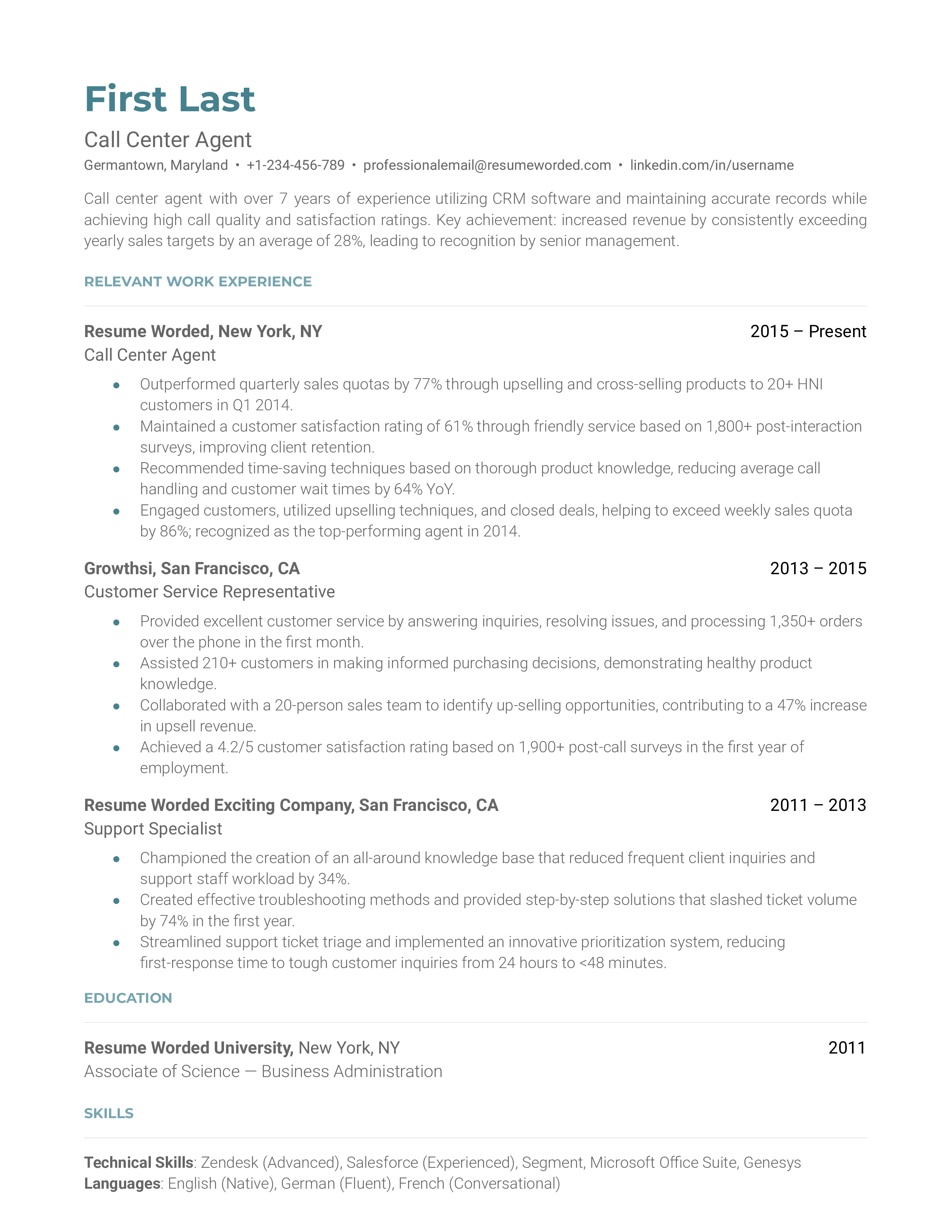 Call Center Agent Resume Examples for 2024 | Resume Worded