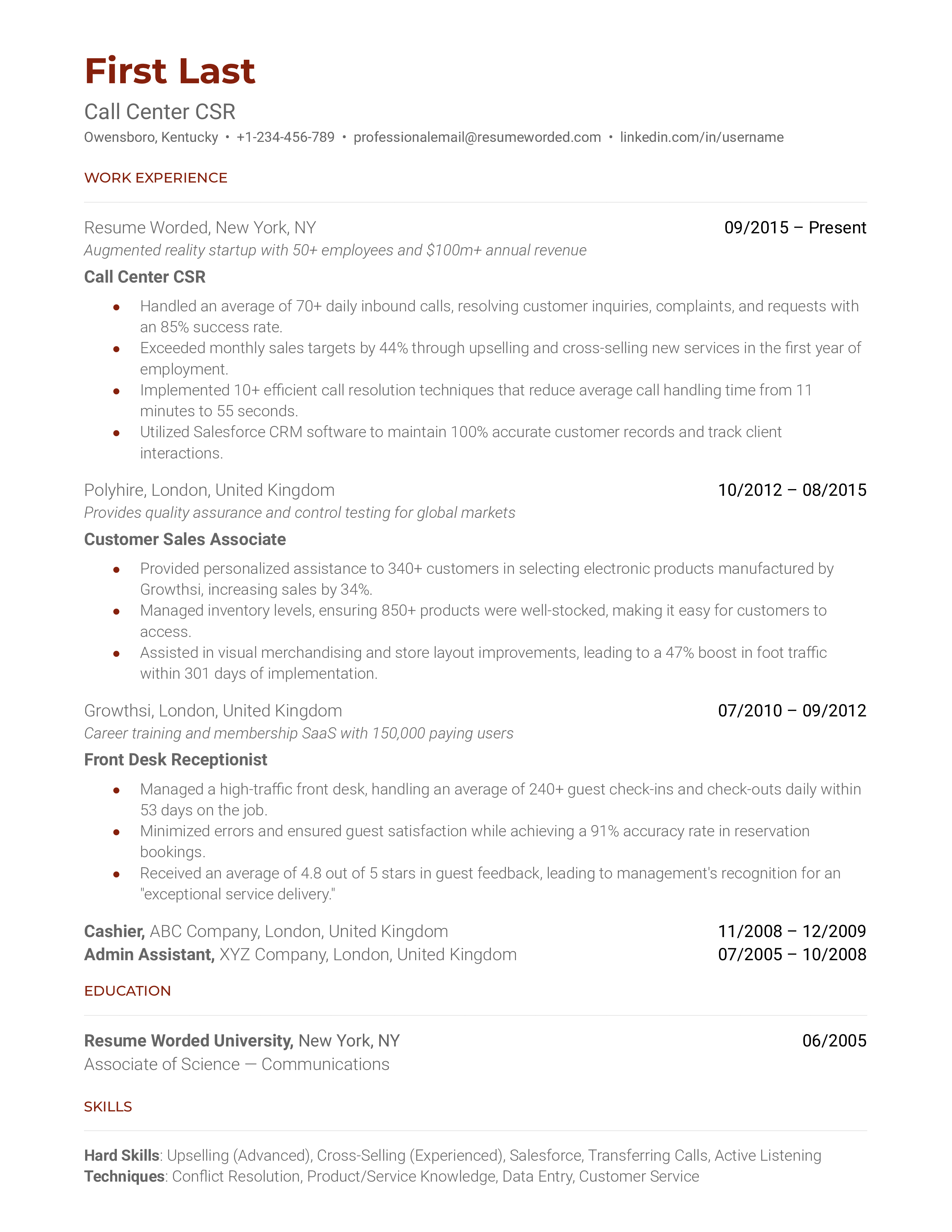 Call Center CSR Resume Sample