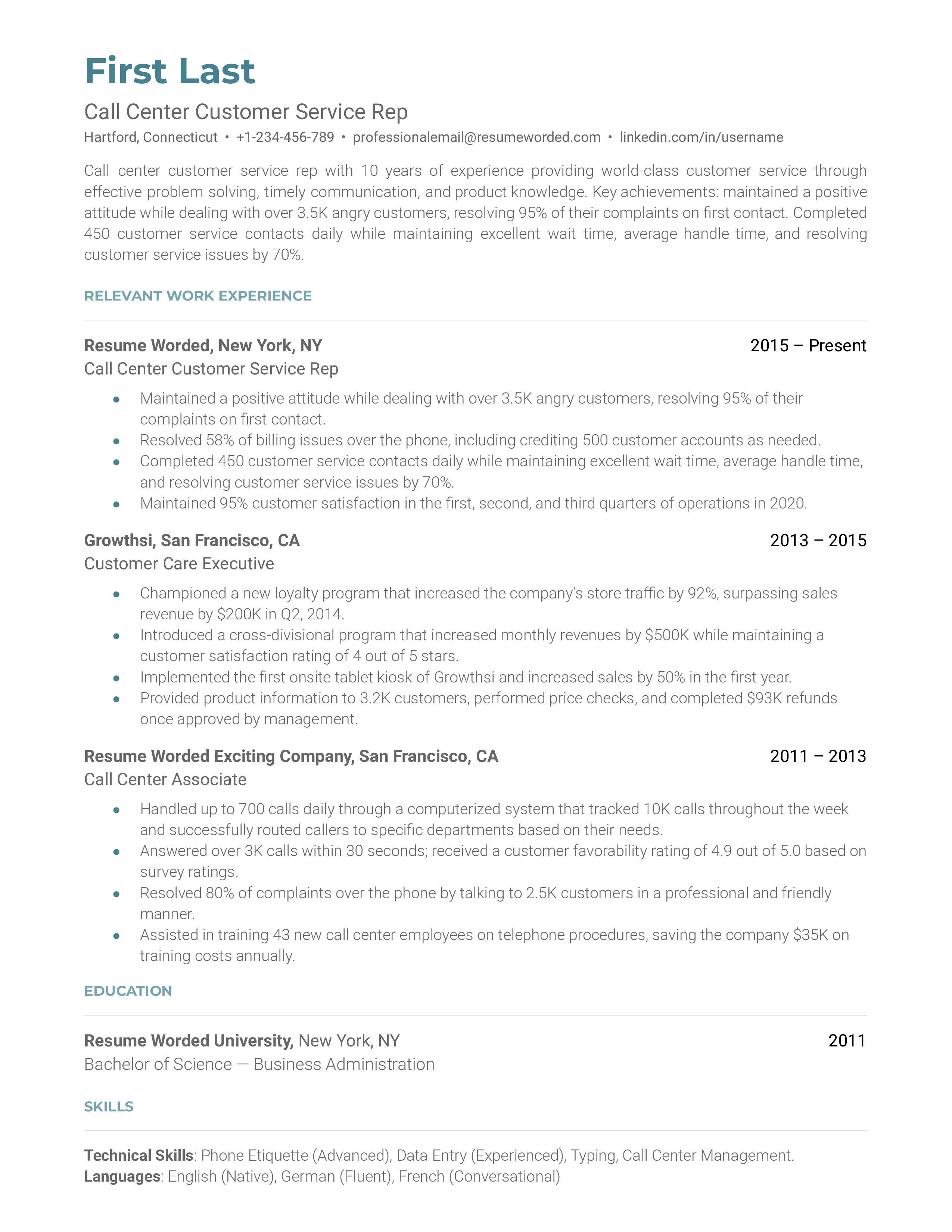A call center customer service representative resume sample that highlights the applicants communication skills and impressive experience.