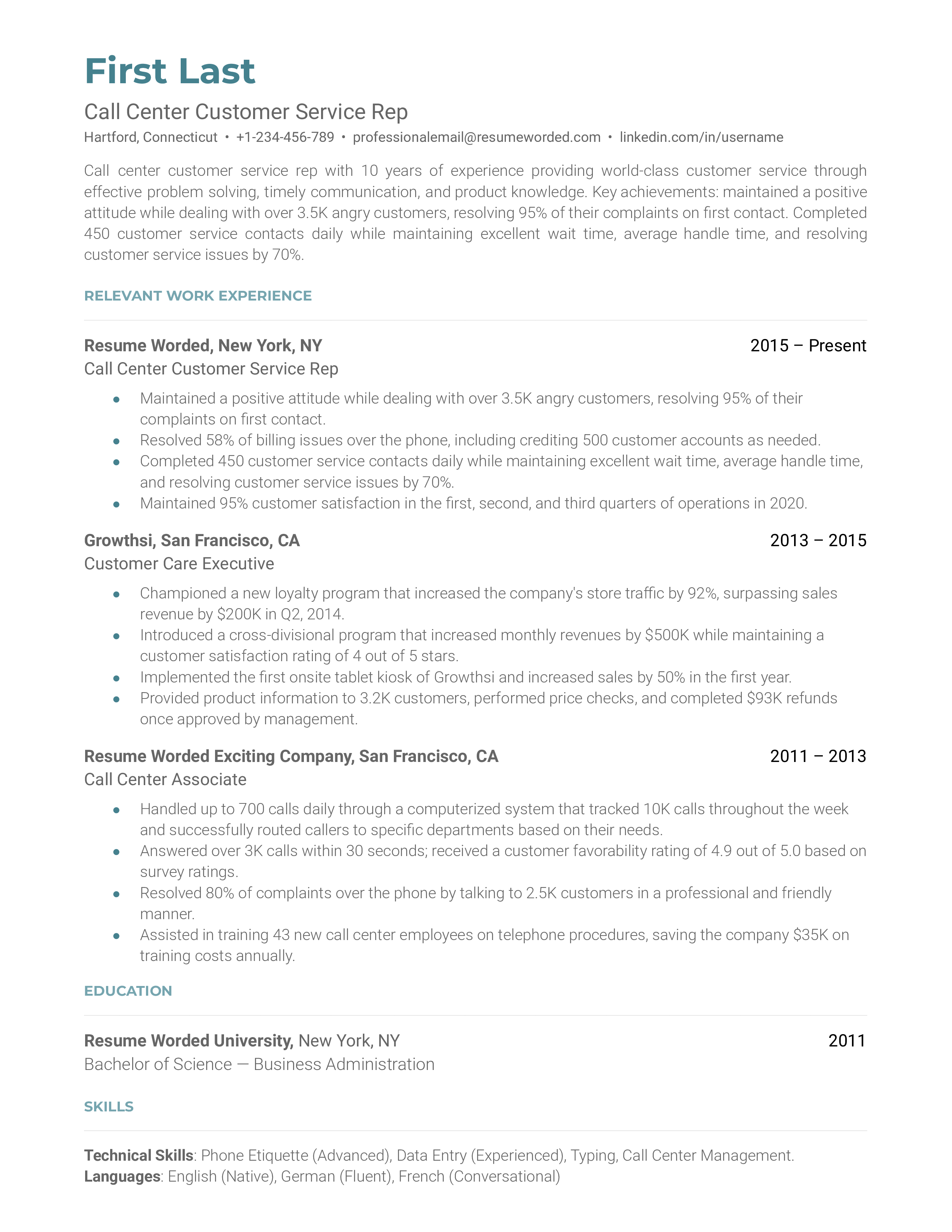 resume for a call center representative