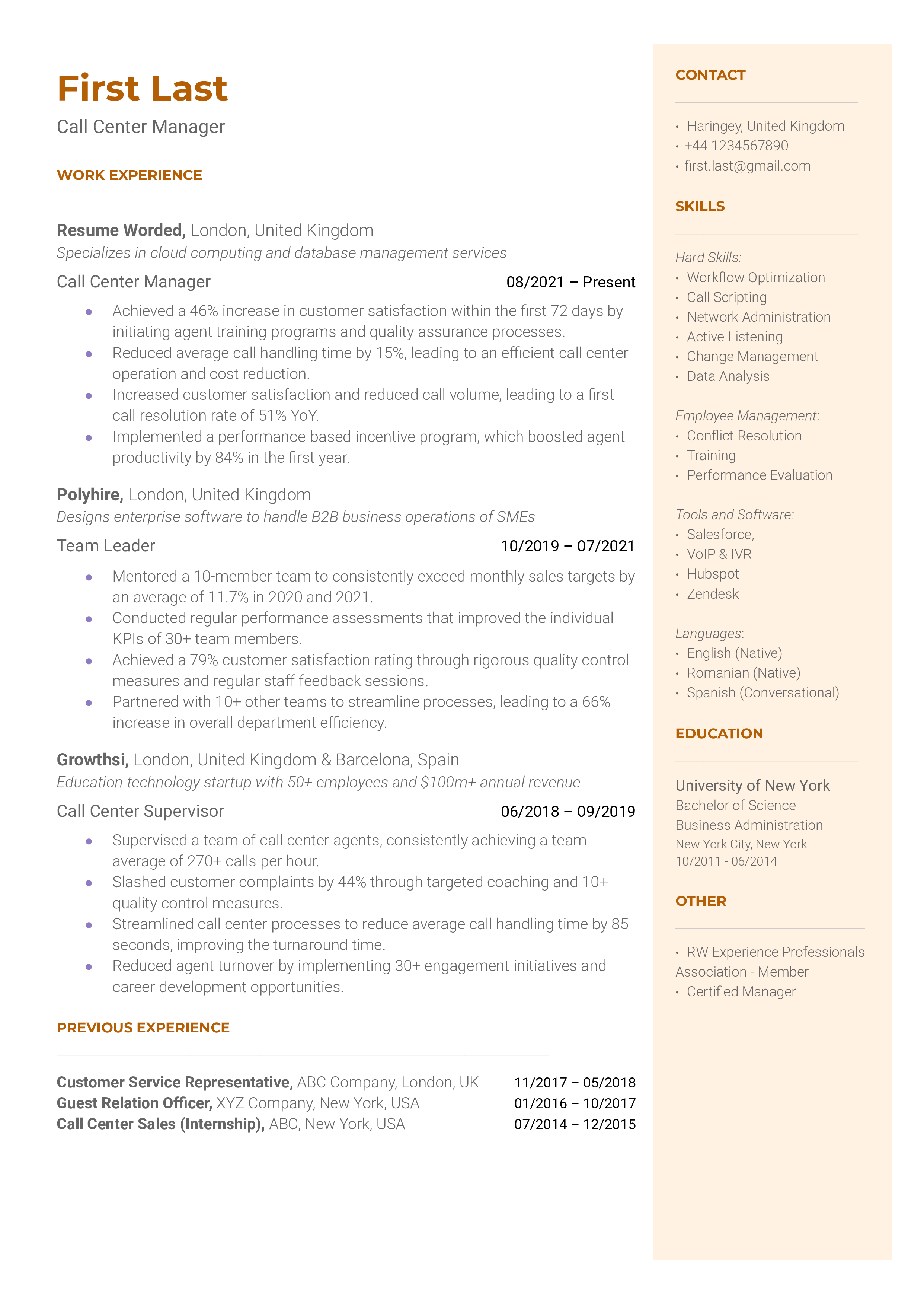 Resume example demonstrating expertise in call center management and customer service metrics.