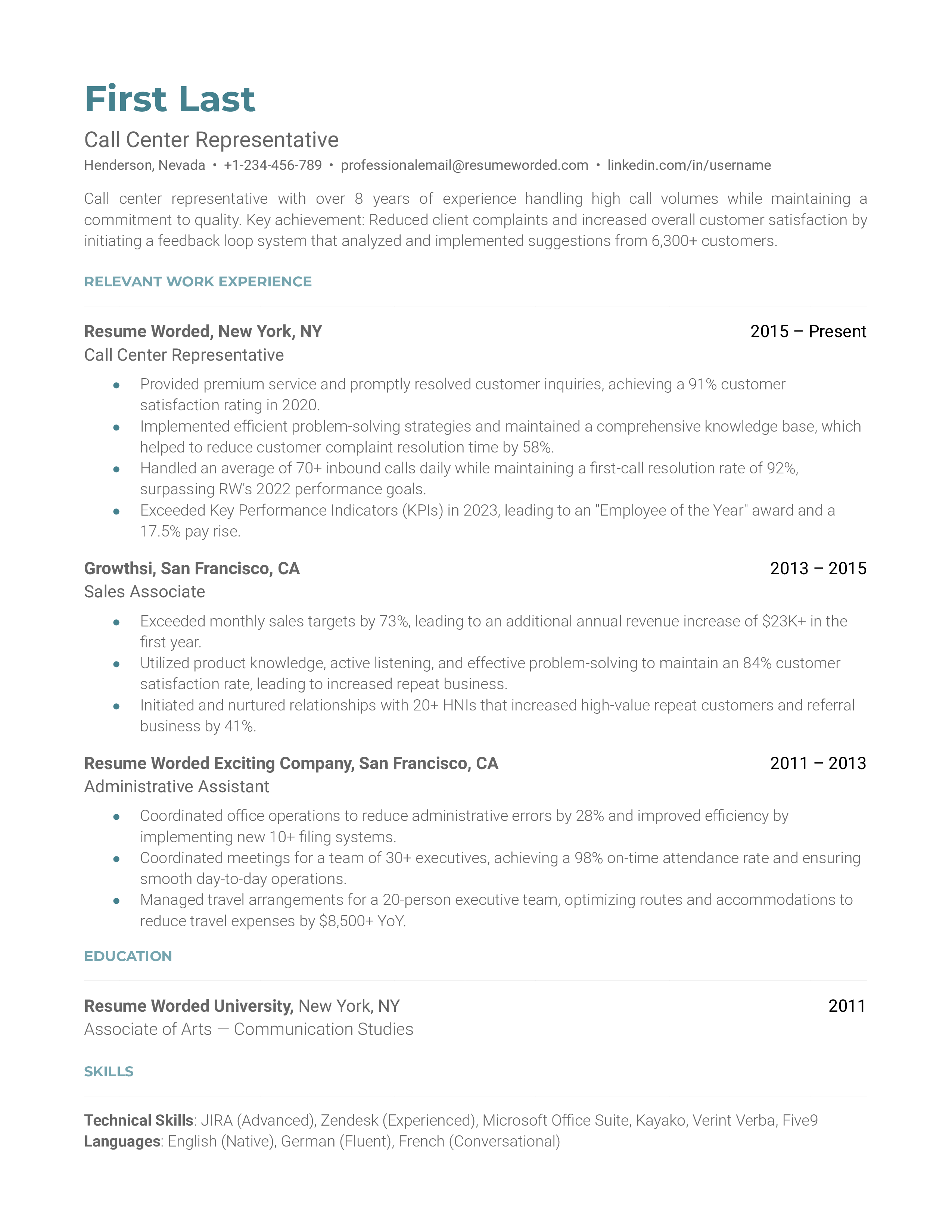 A resume snapshot emphasizing customer service and tech skills for a Call Center Representative role.