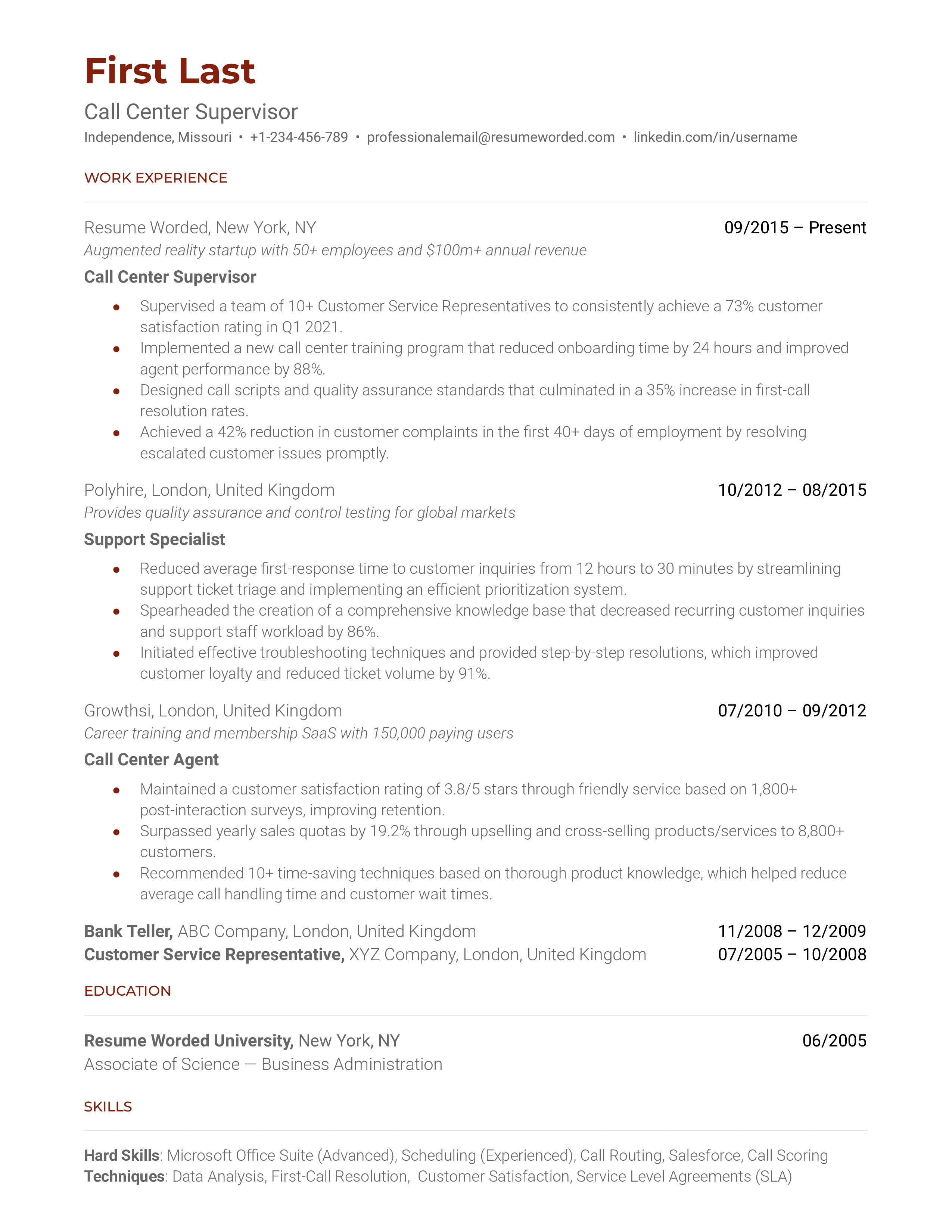 Call Center Supervisor Resume Sample