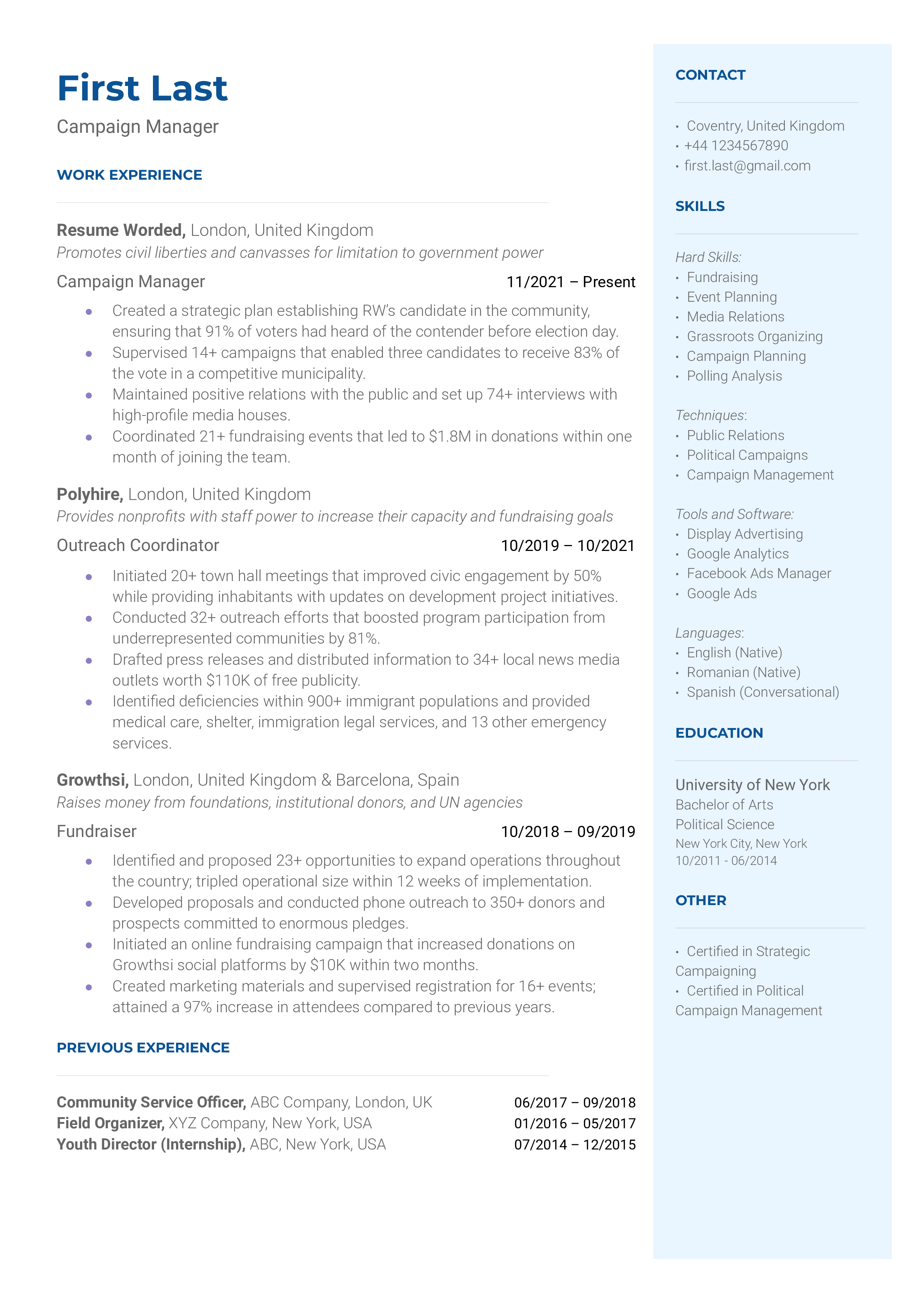 Campaign Manager Resume Sample