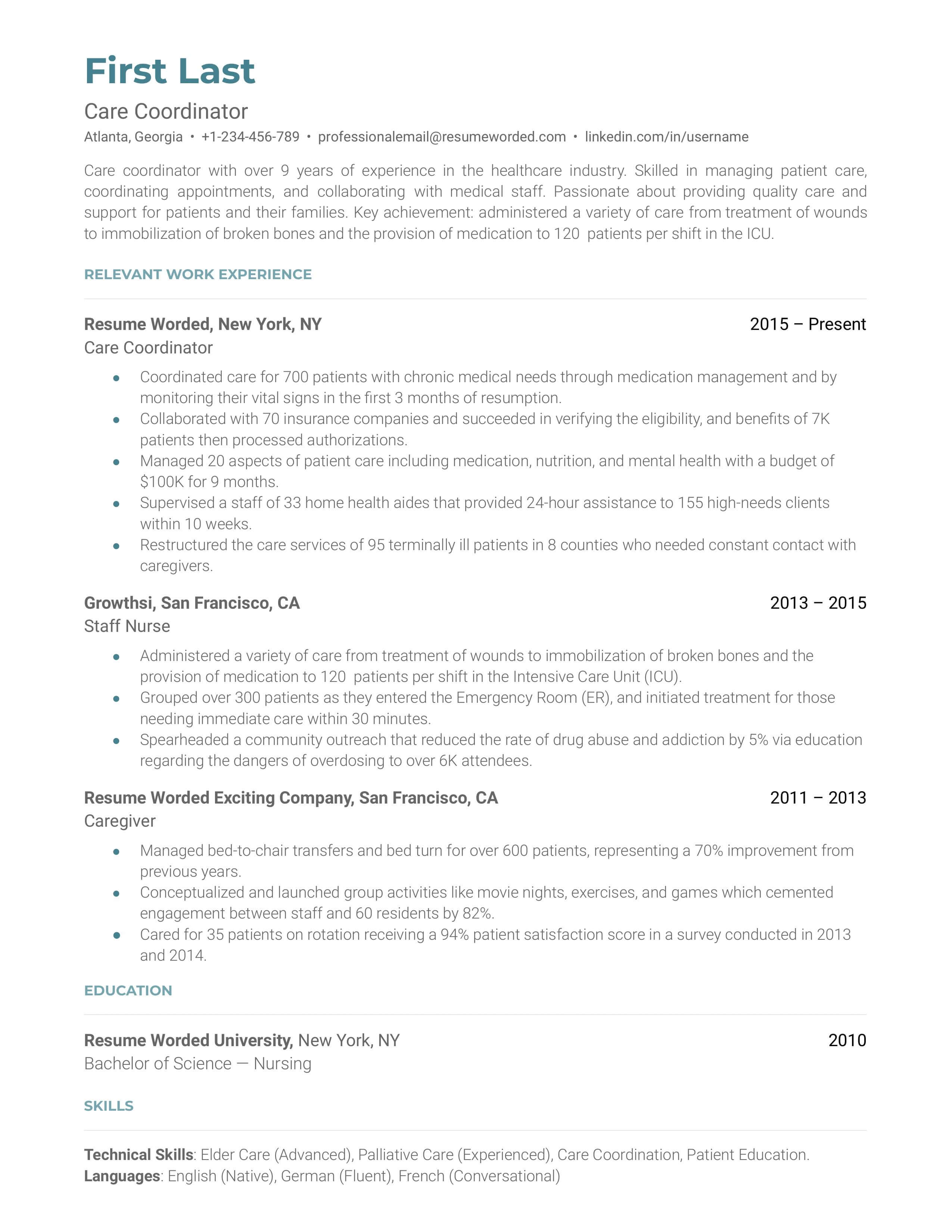 Schedule Coordinator Resume Examples For 2024 Resume Worded   Care Coordinator 