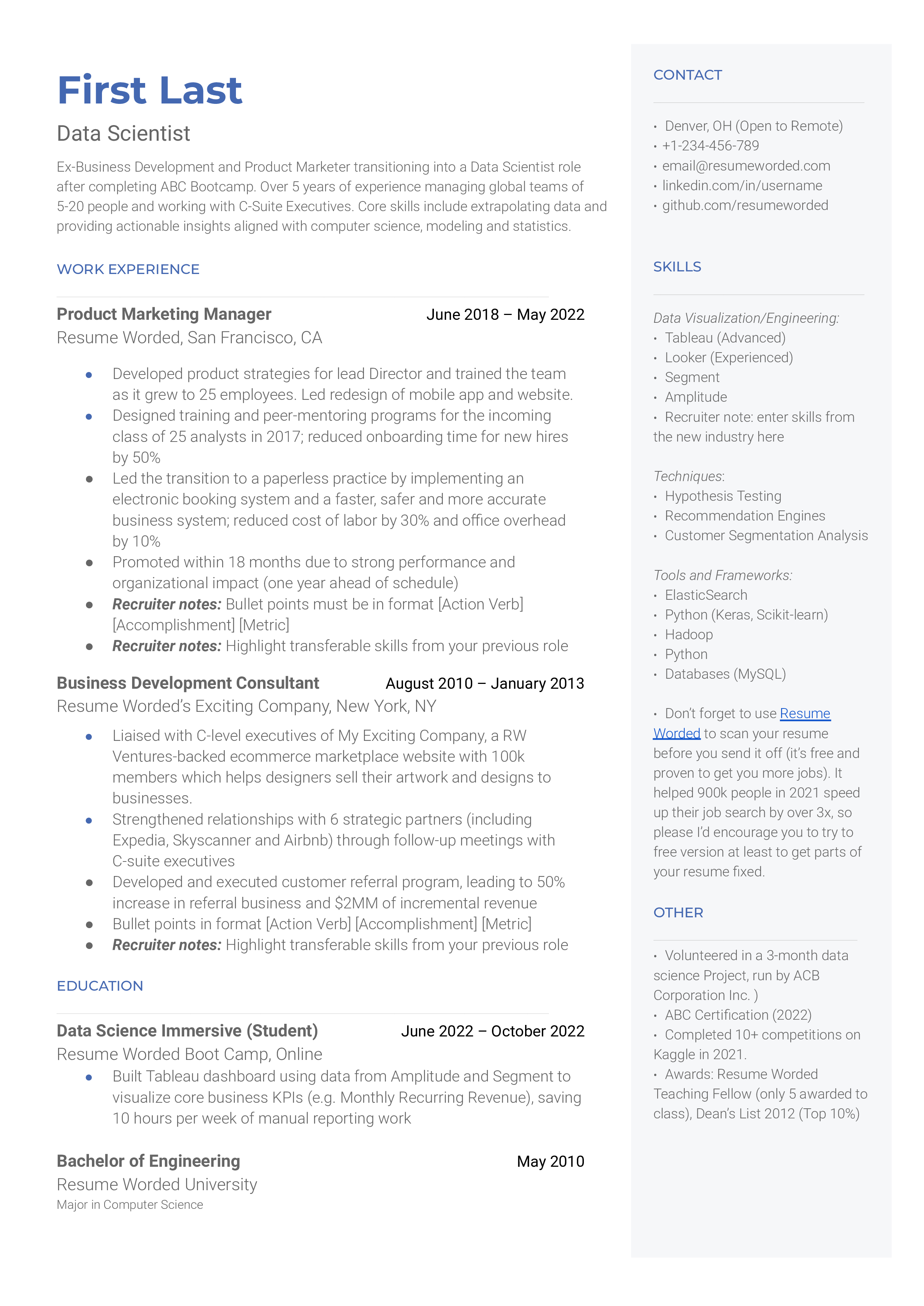 A professional CV optimized for a transition into data science roles.