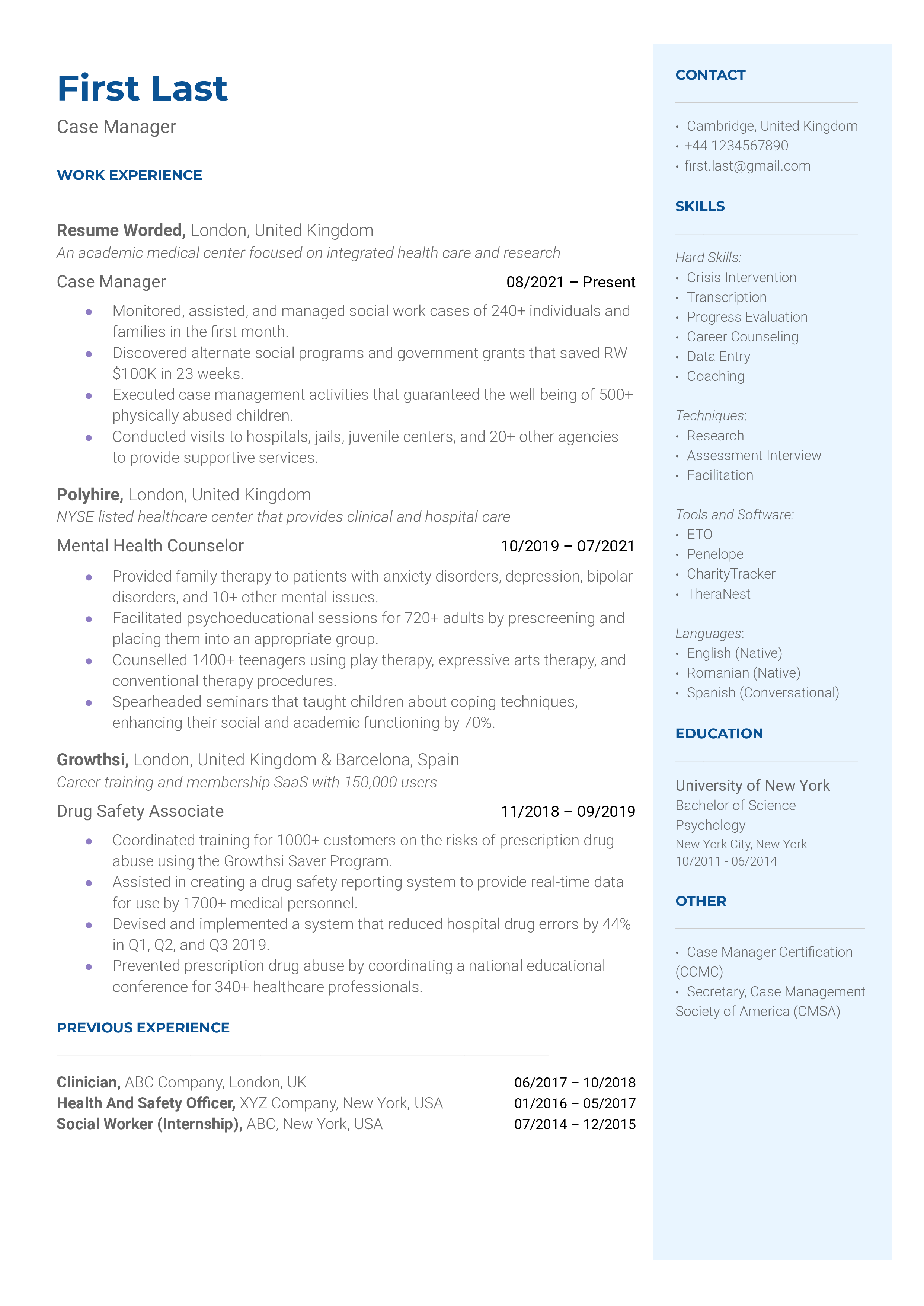 A CV screenshot highlighting qualifications and experience for a Case Manager role.