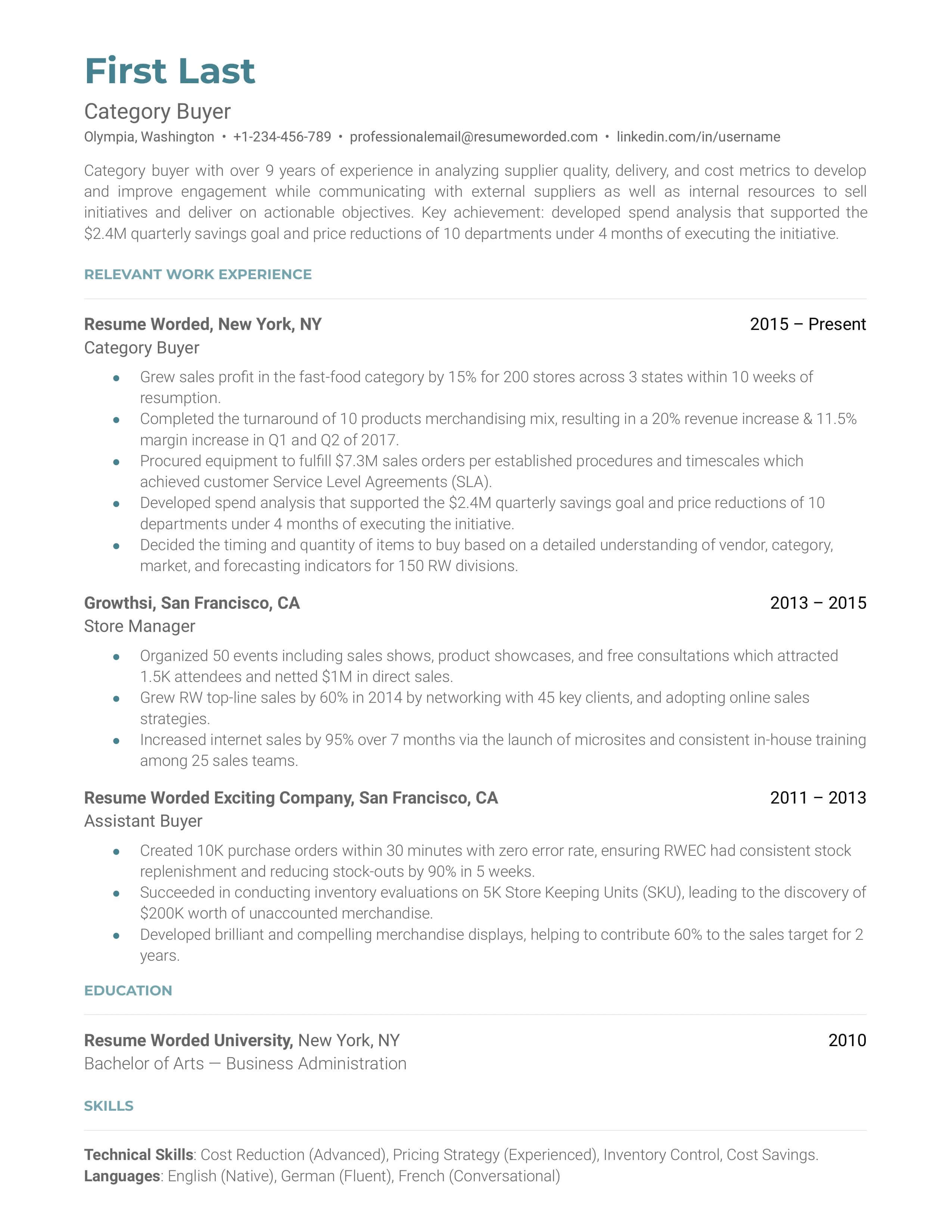 A category buyer resume template that highlights relevant work experience