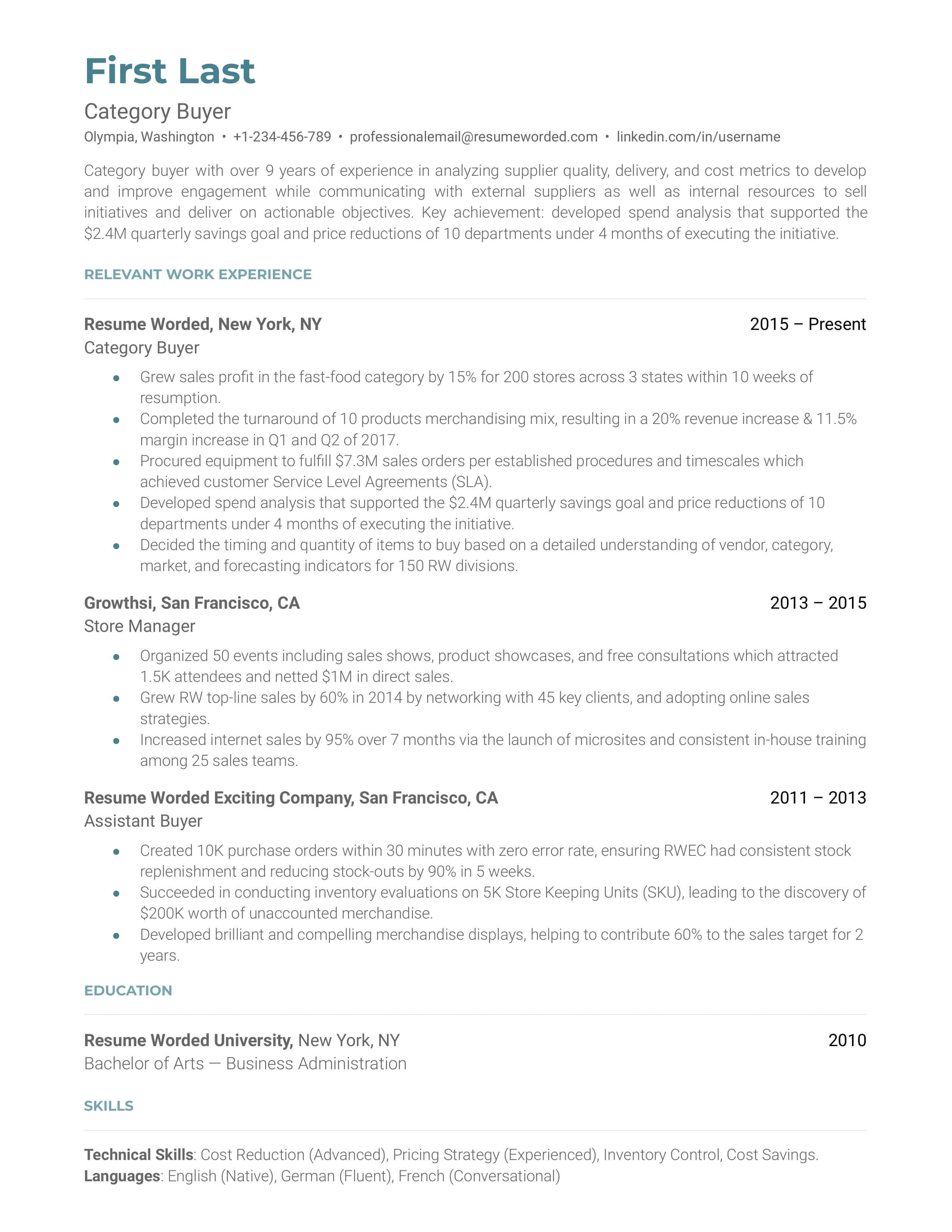 Category Buyer's CV showcasing negotiation and supplier relationship management skills.