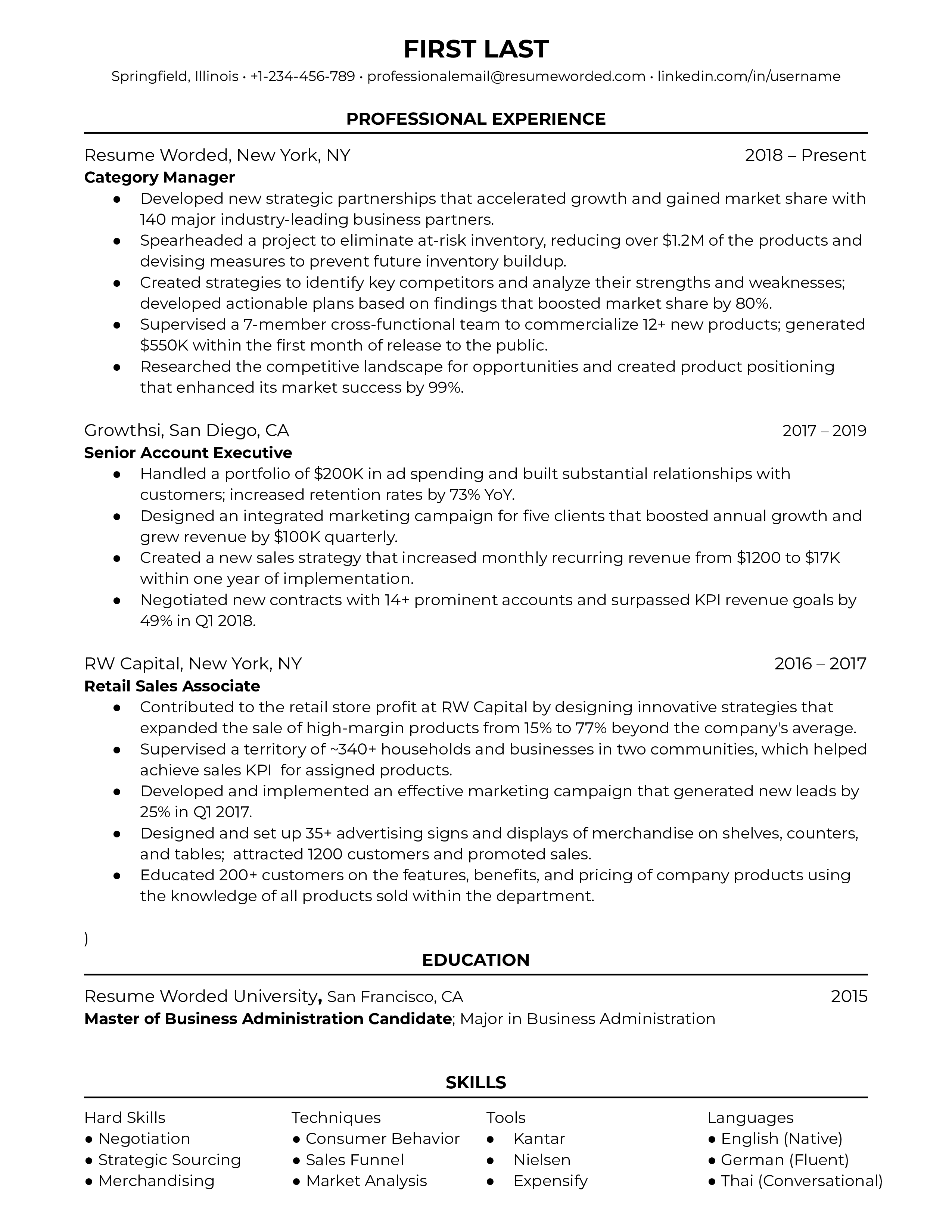A category manager resume sample that highlights the candidate’s quantifiable success and specializations.