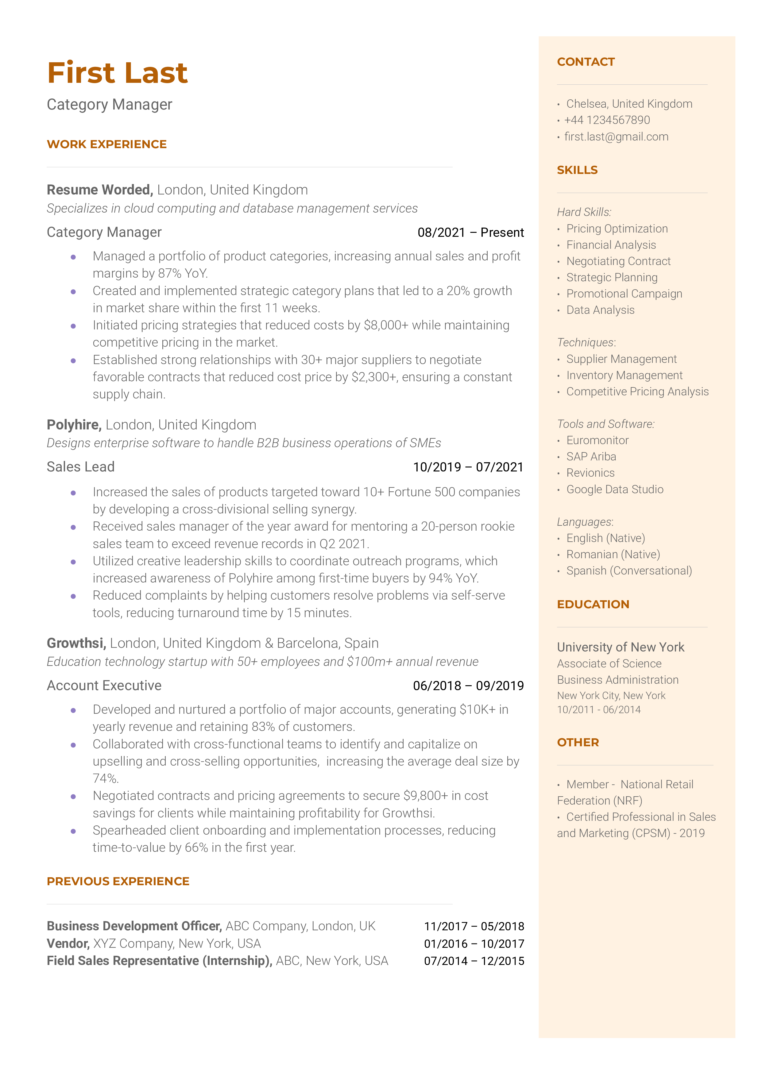 Screenshot of a CV focusing on strategic category management and analytical skills.