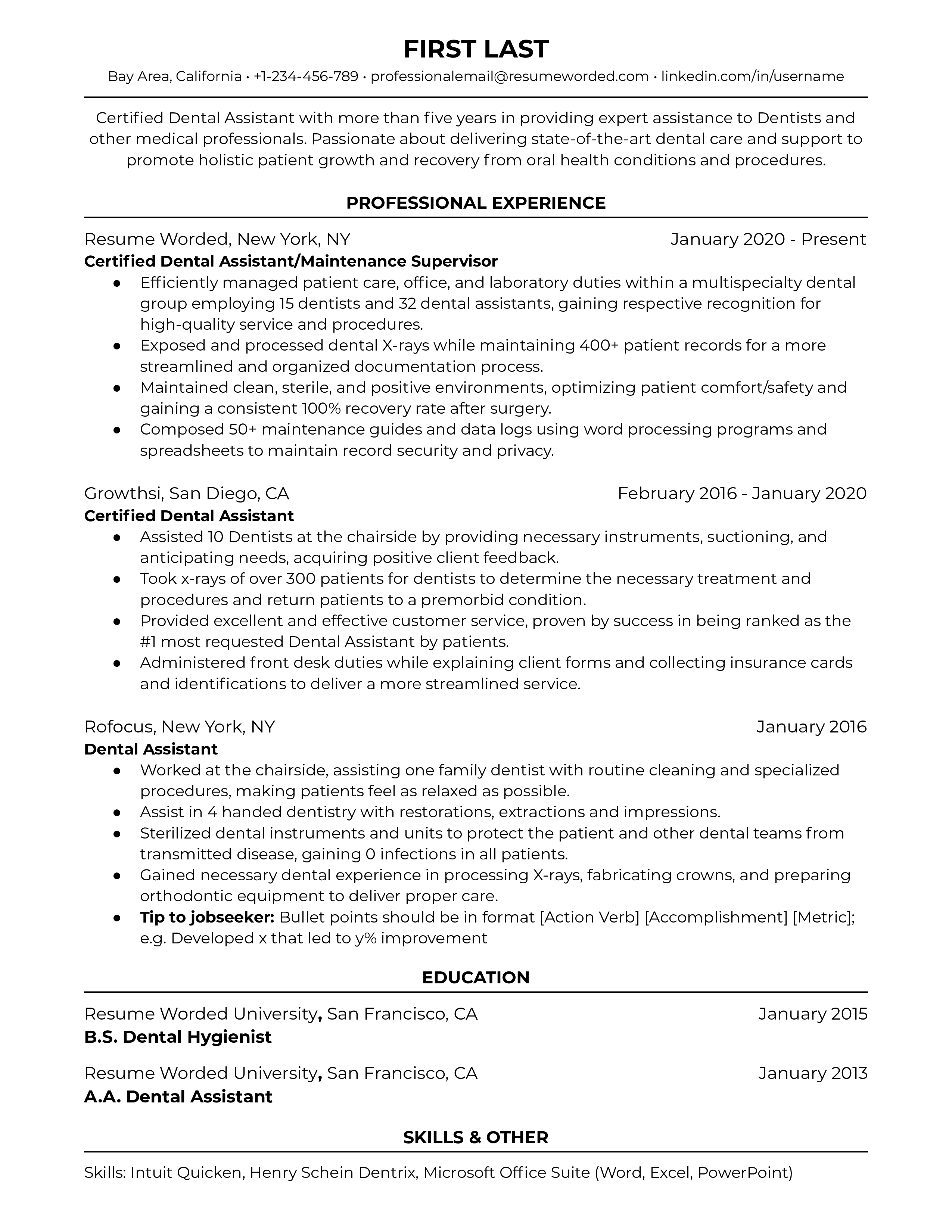 Certified Dental Assistant resume example