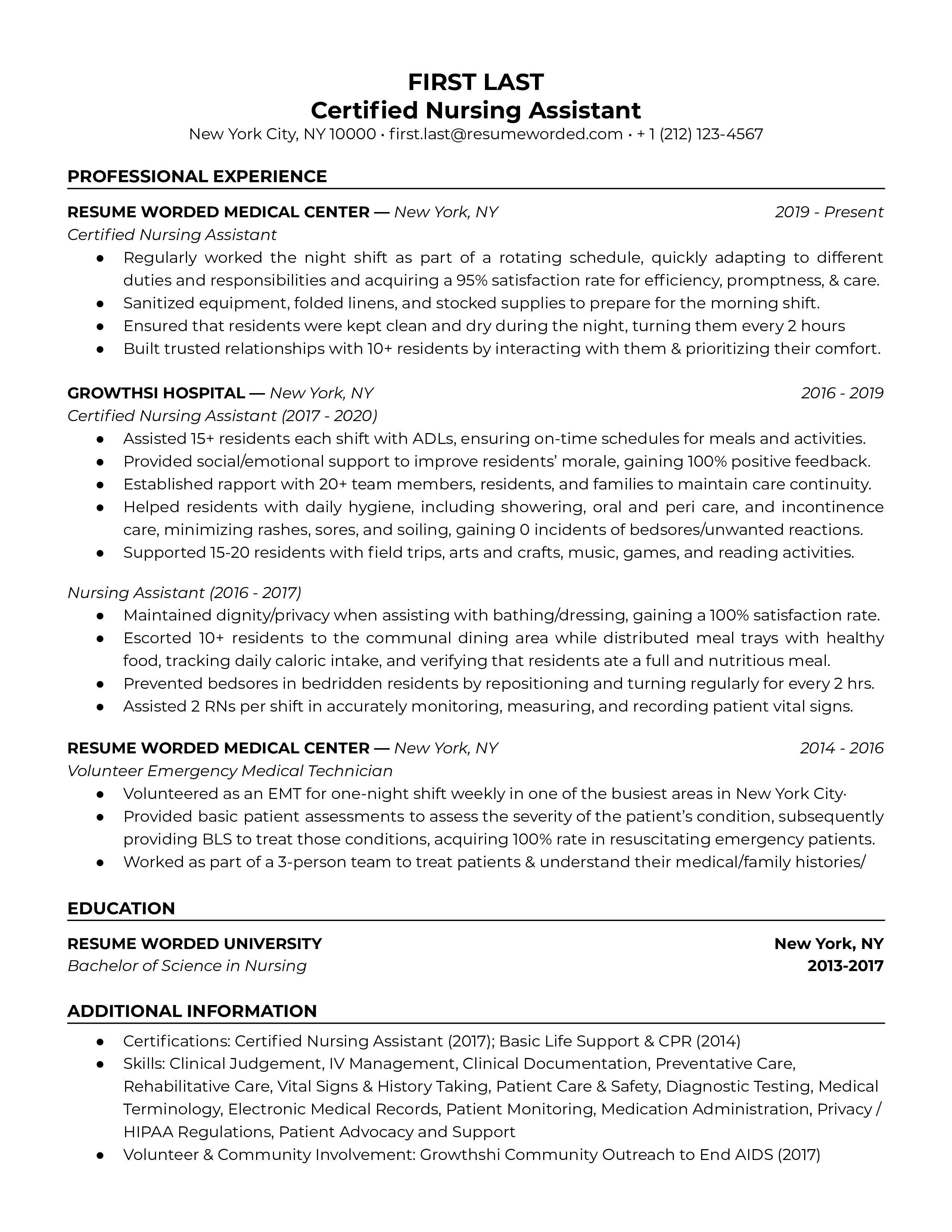 Screenshot of a Certified Nursing Assistant's resume with focus on skills and certifications.