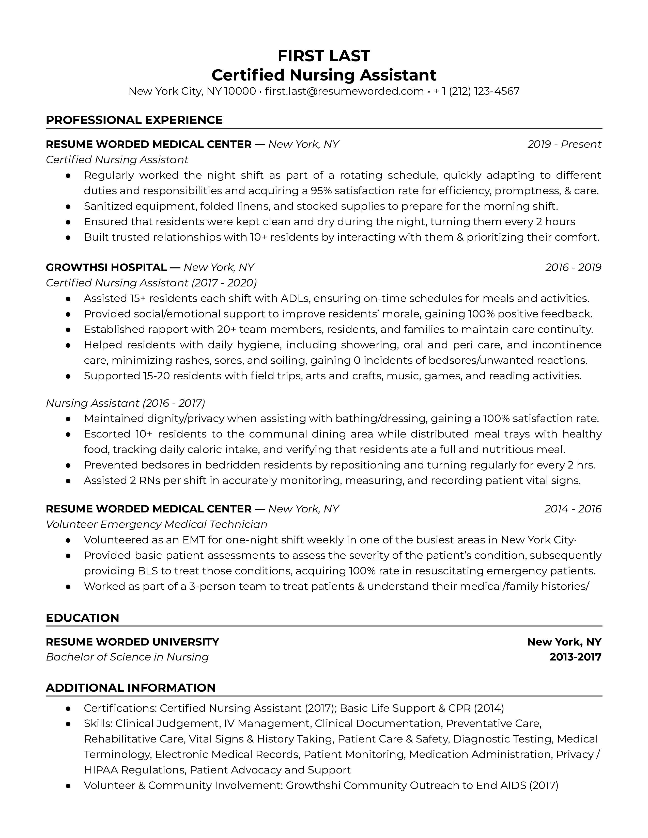 Resume For Nursing Care   Certified Nursing Assistant 