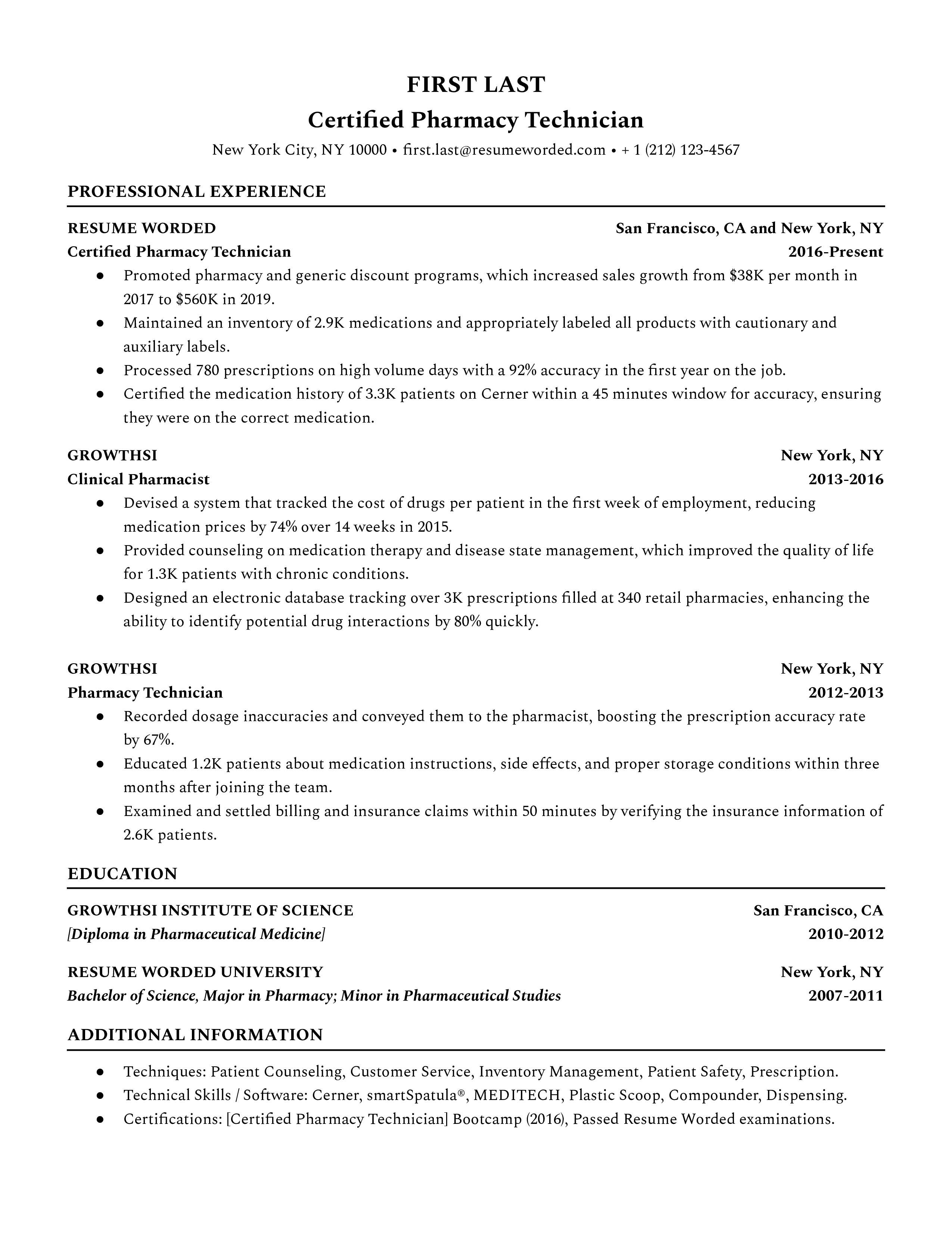 A certified pharmacy technician resume sample that highlights the applicant’s certifications and experience.