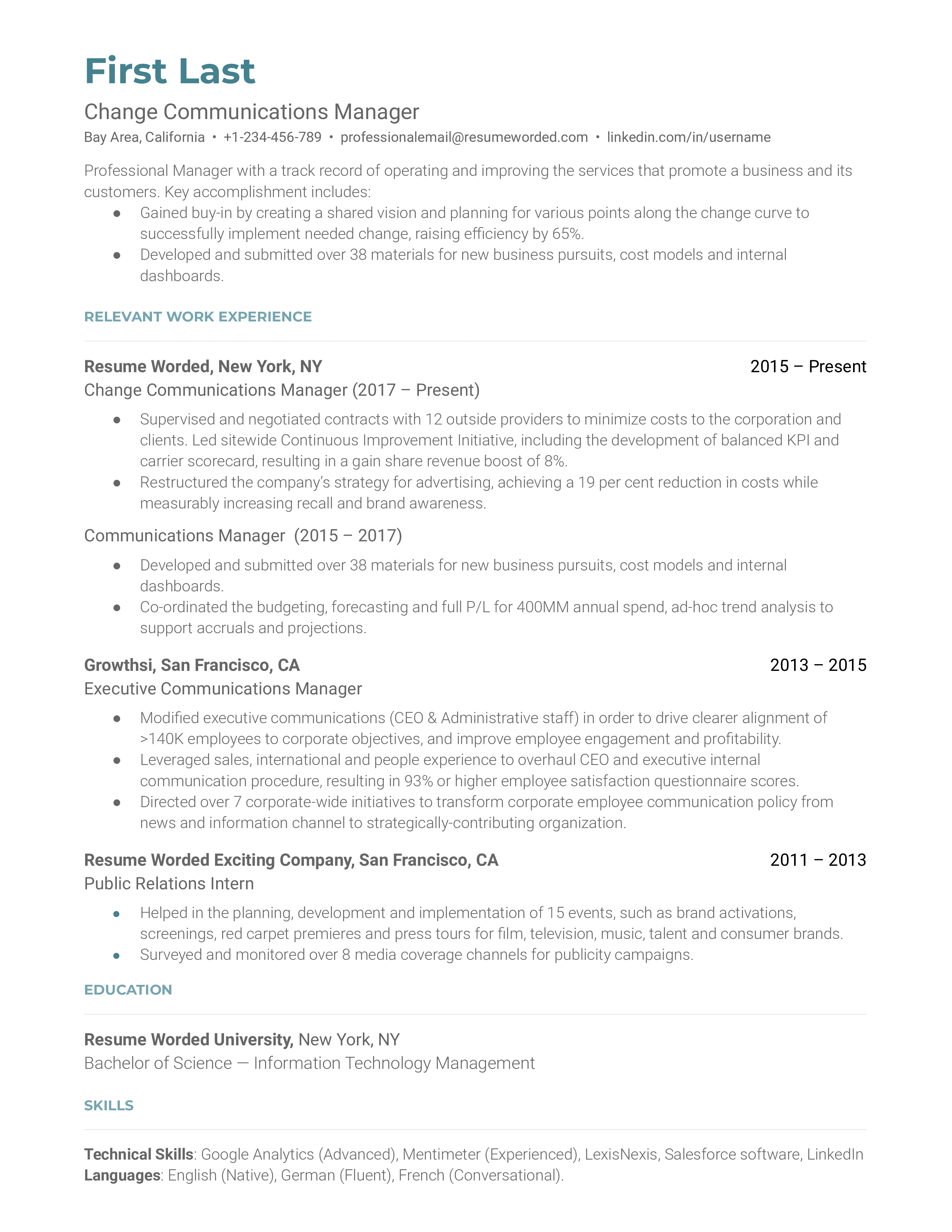 A well-structured CV of a Change Communications Manager showcasing adaptability and proficiency in communication tools.
