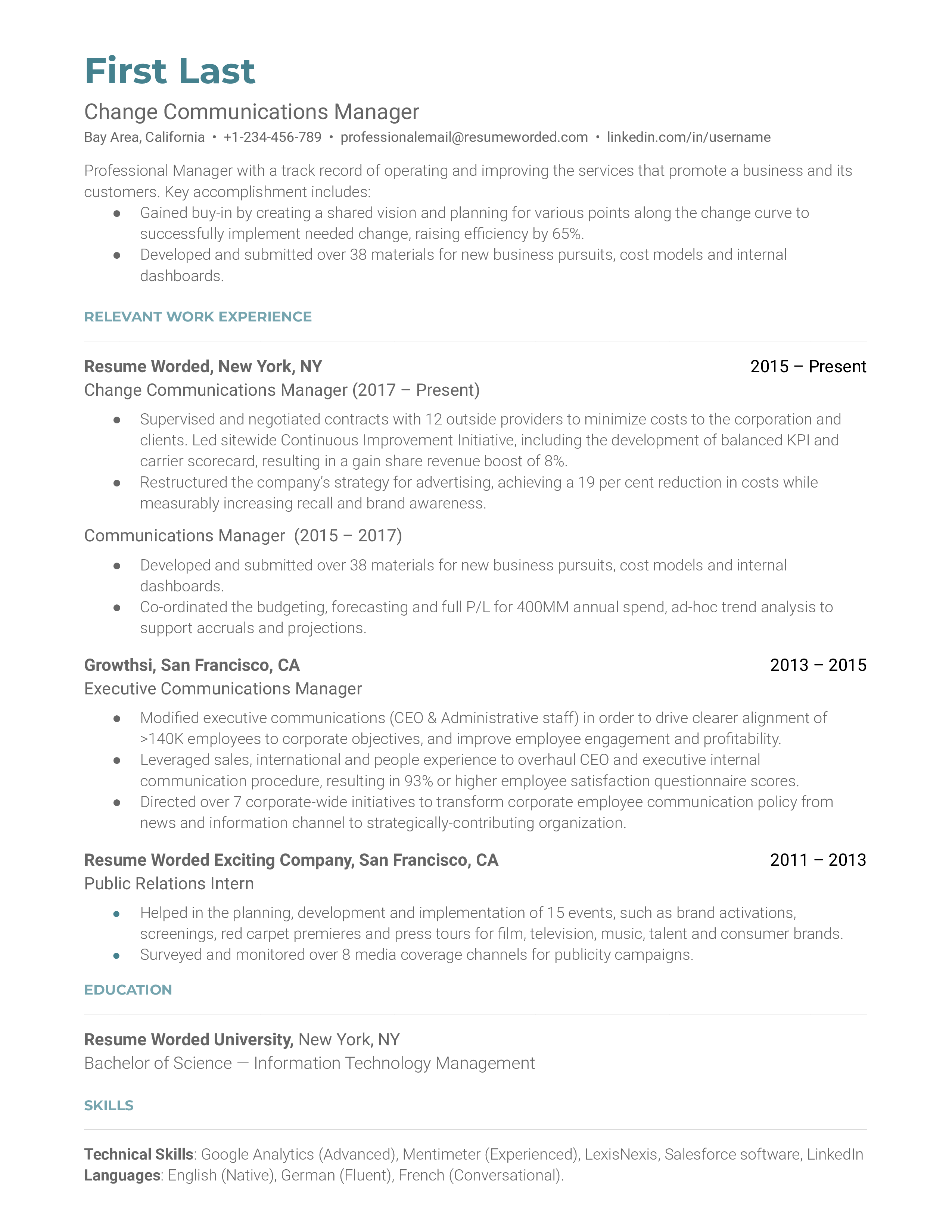 Change Communications Manager Resume Sample