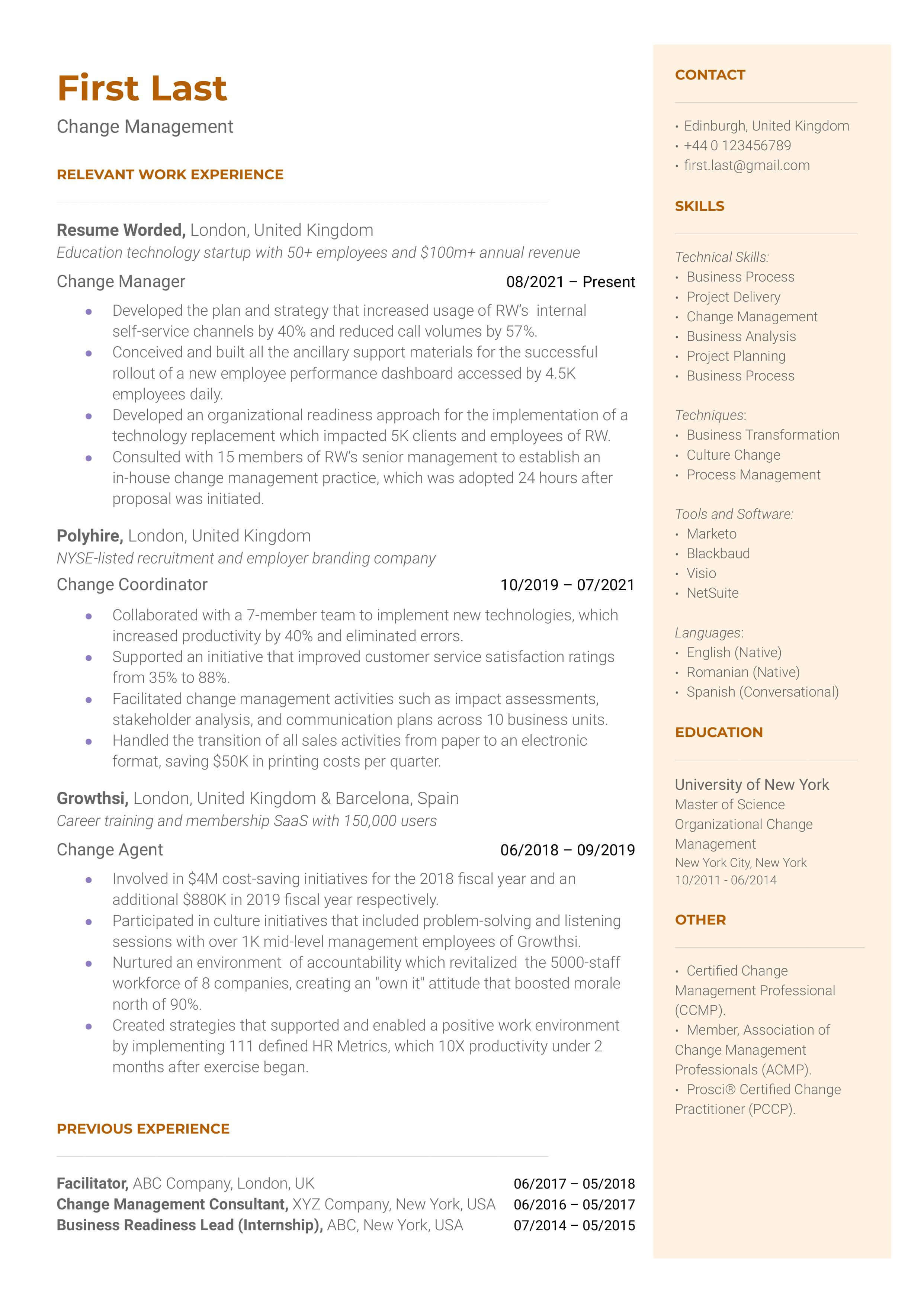 CV screenshot of a Change Manager showing specific methodologies and successful change projects.