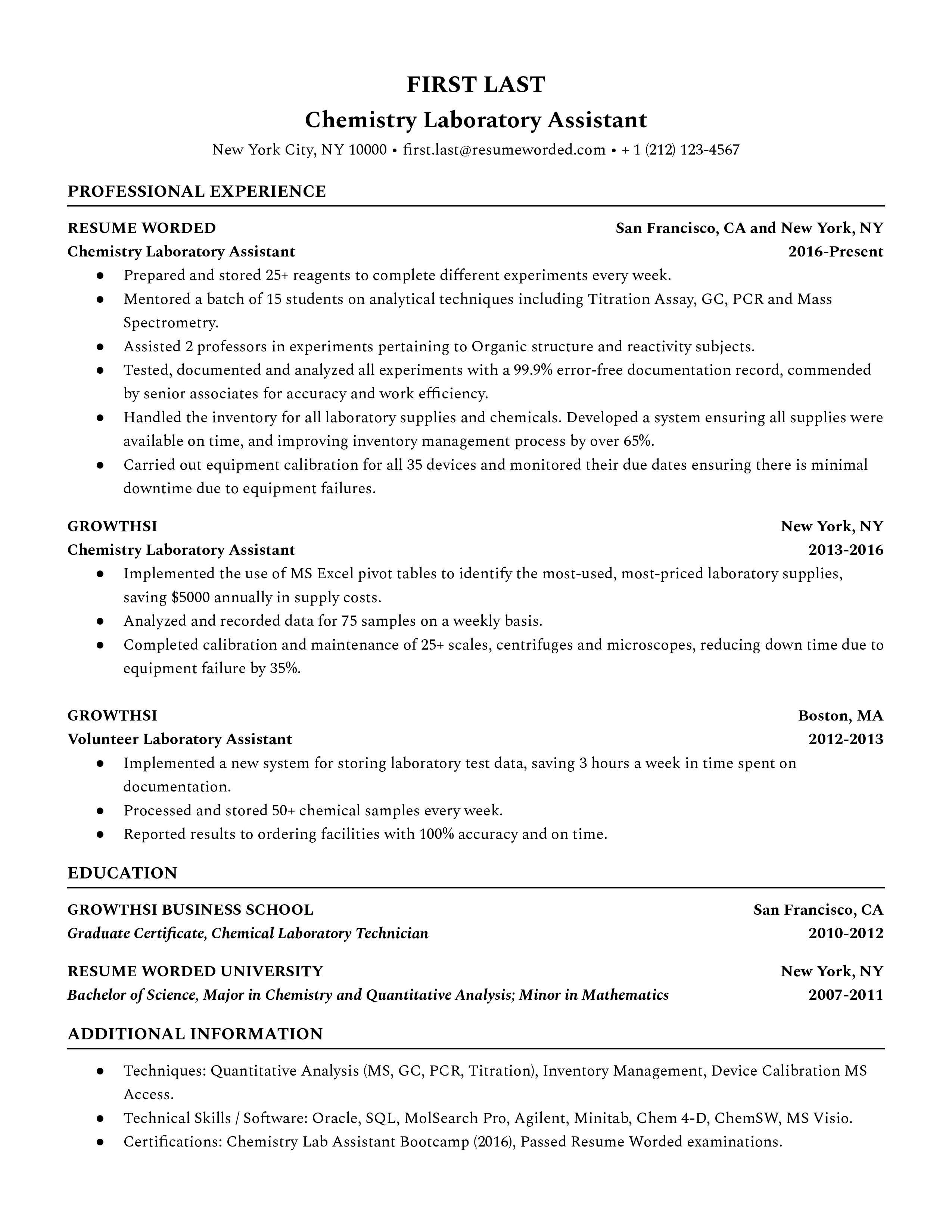 A resume for a chemistry lab assistant with a degree in chemistry and experience as a volunteer laboratory assistant.