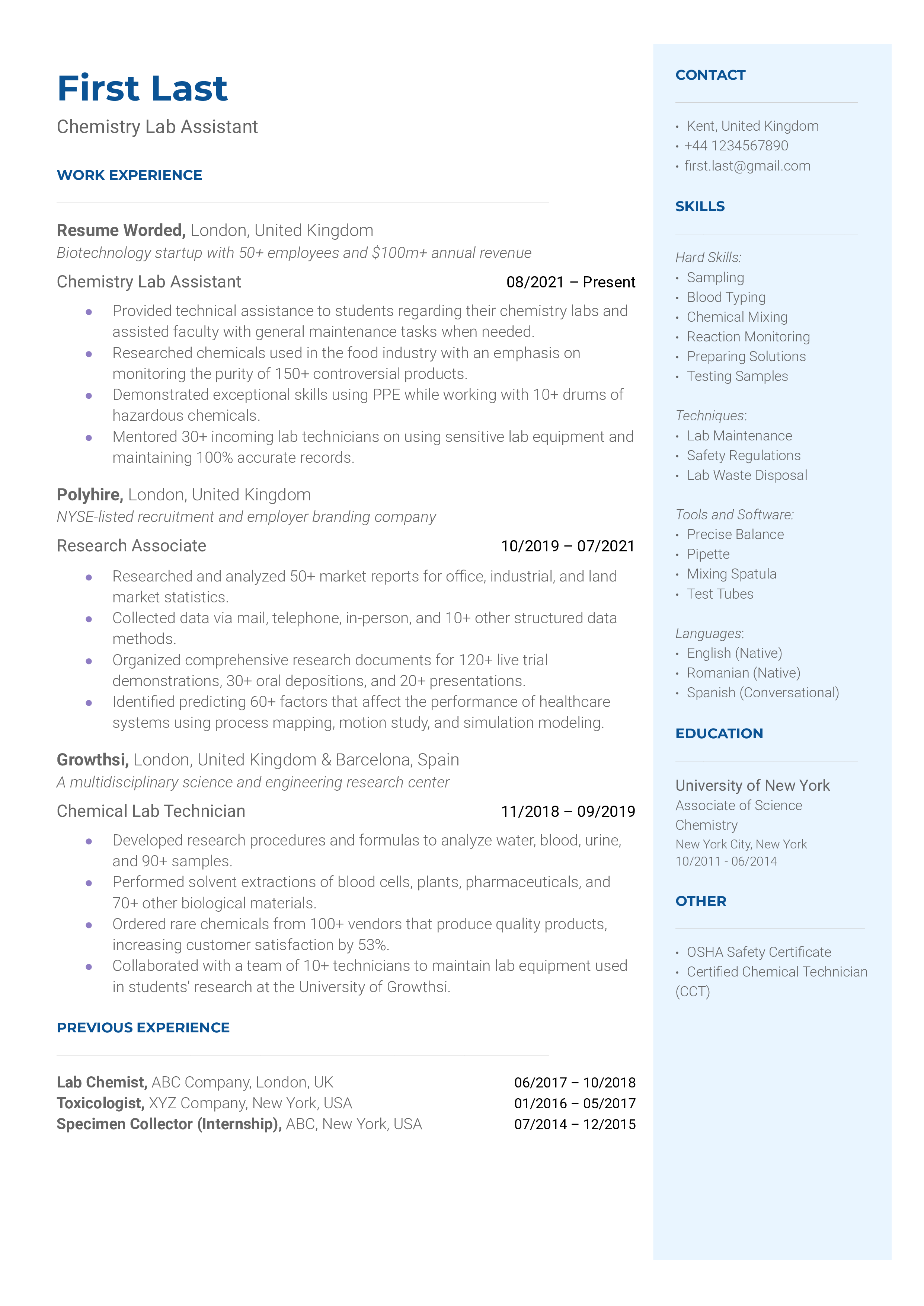 A resume for a chemistry lab assistant with a degree in chemistry and experience as a volunteer laboratory assistant.