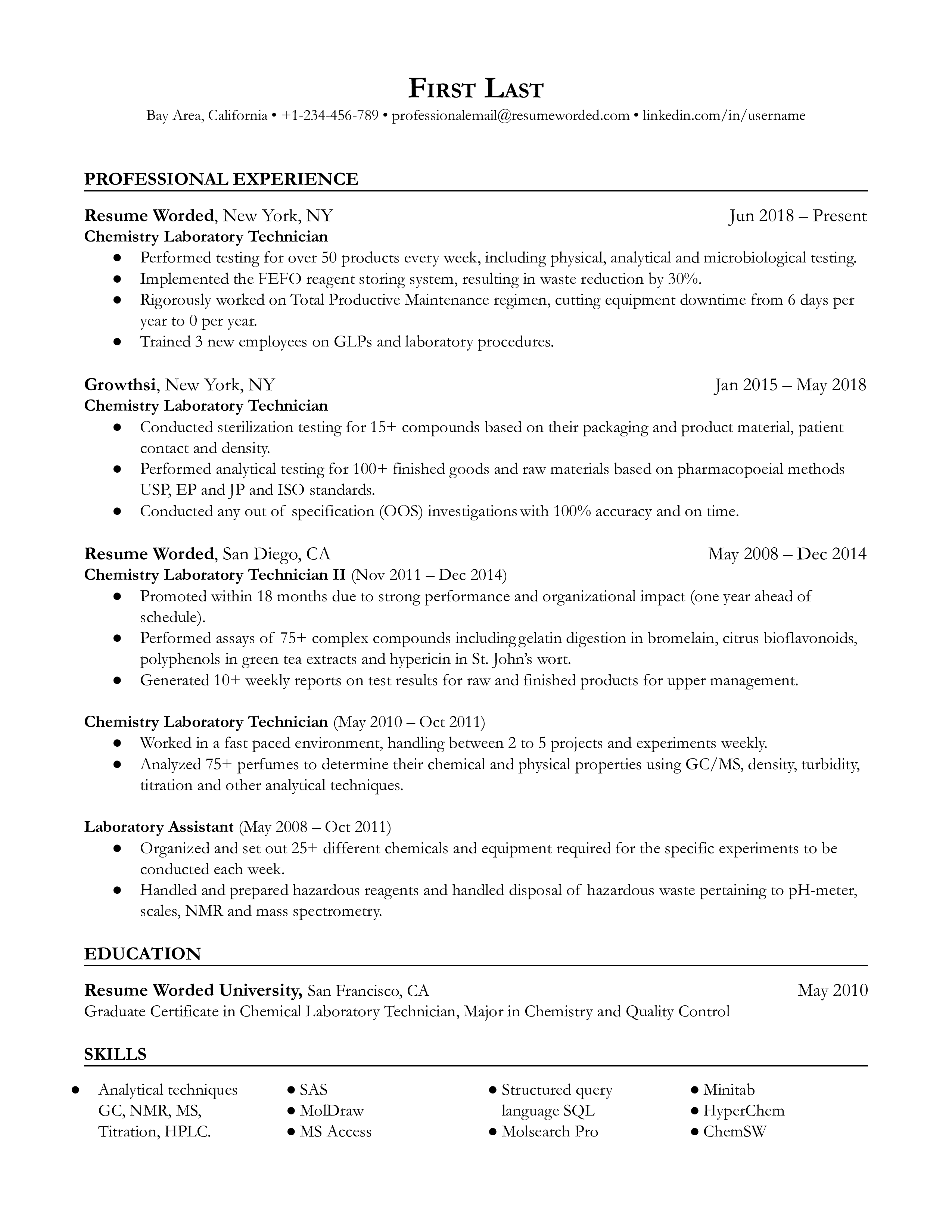 A resume for a chemistry lab technician with a graduate degree in chemistry and prior roles as a laboratory assistant.