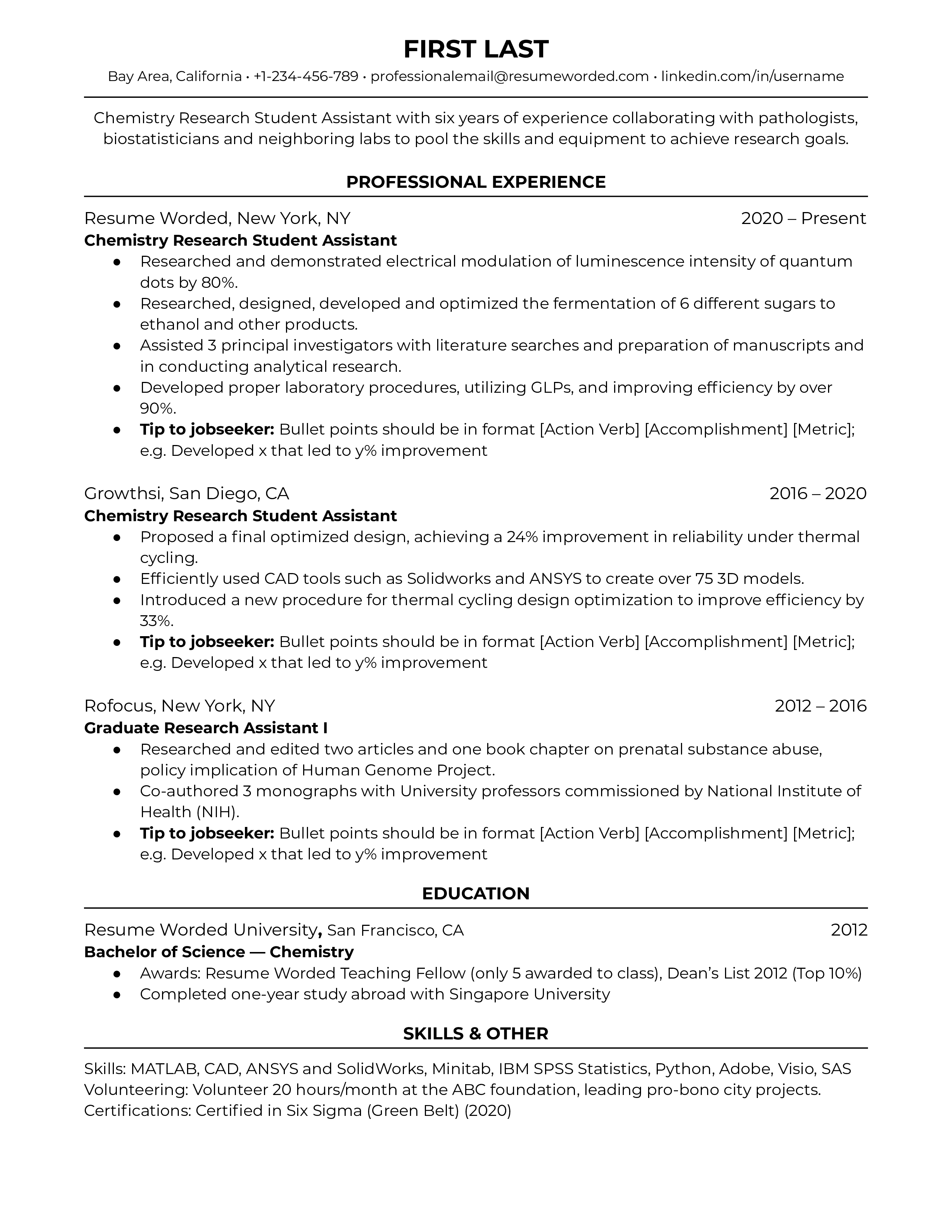 Chemistry Research Student Resume Example For 2021 Resume Worded Resume Worded