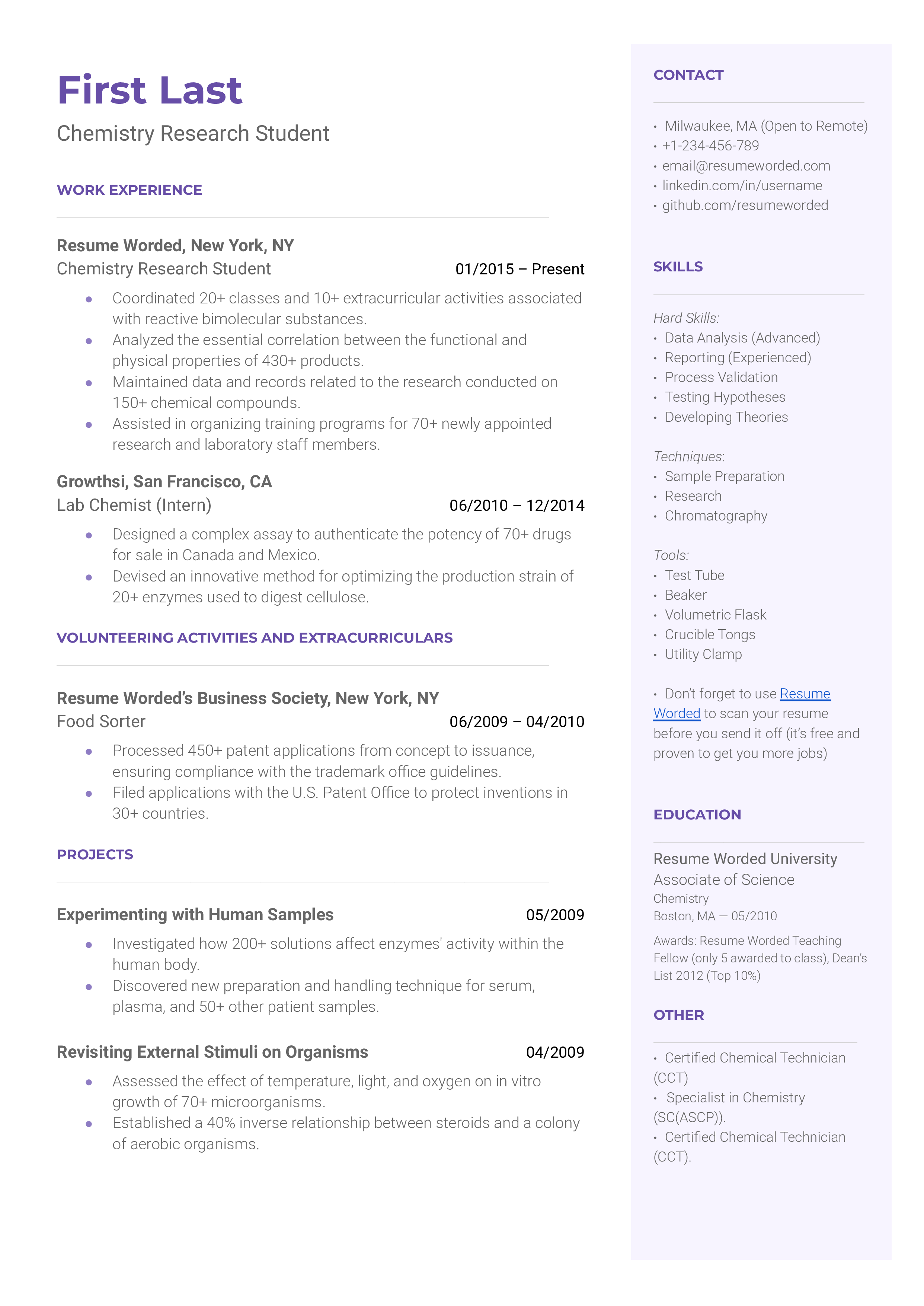 A resume for a chemistry research student with a bachelor's degree in chemistry and experience as a graudate research assistant.