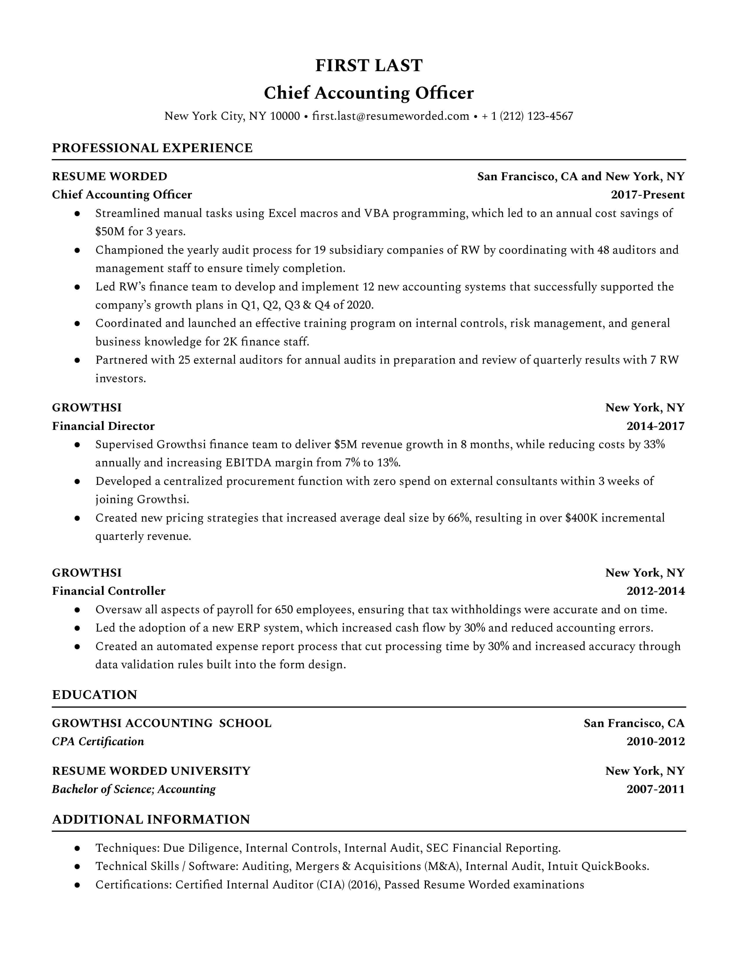 Chief Accounting Officer Resume Sample
