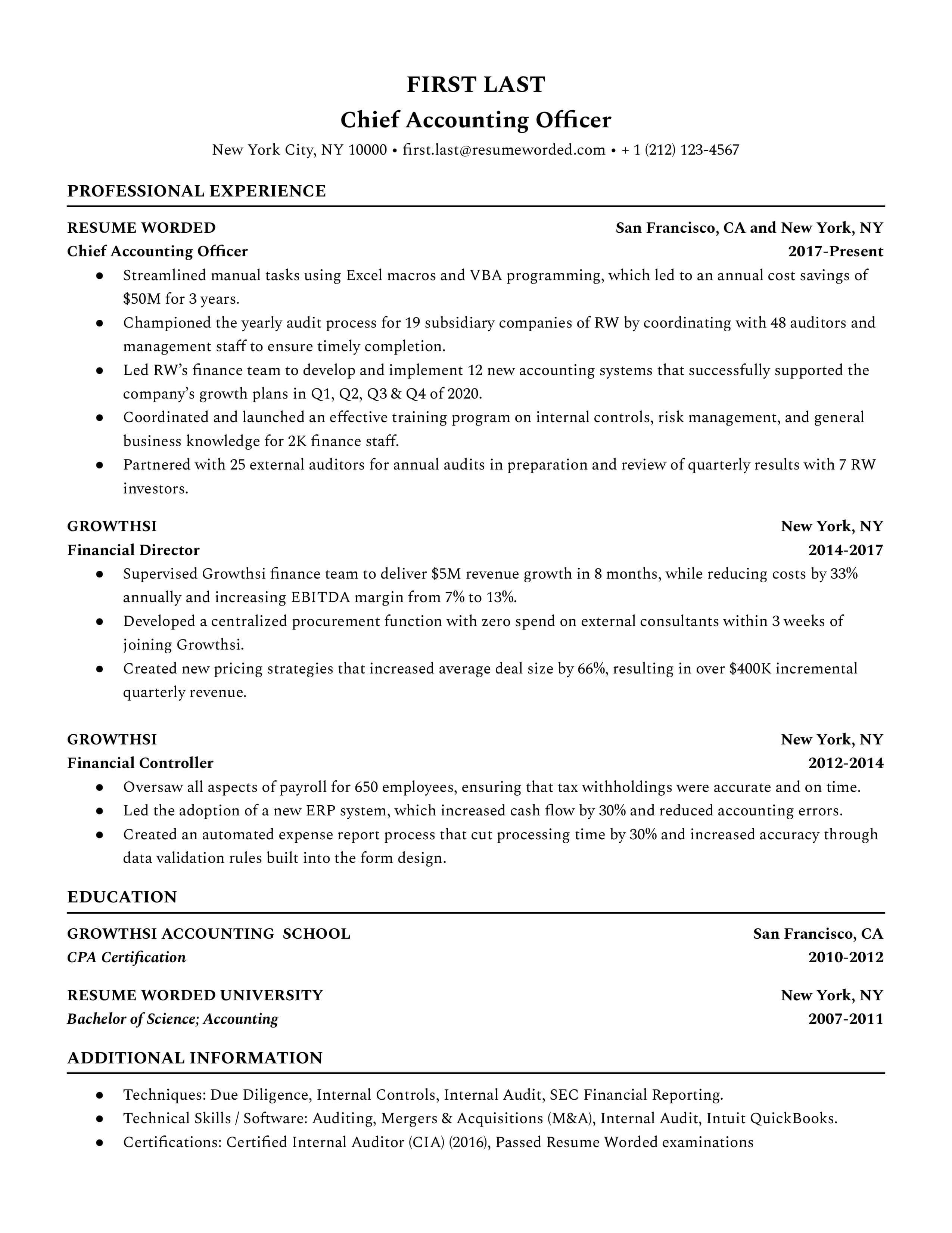 resume sample for chief accounting officer