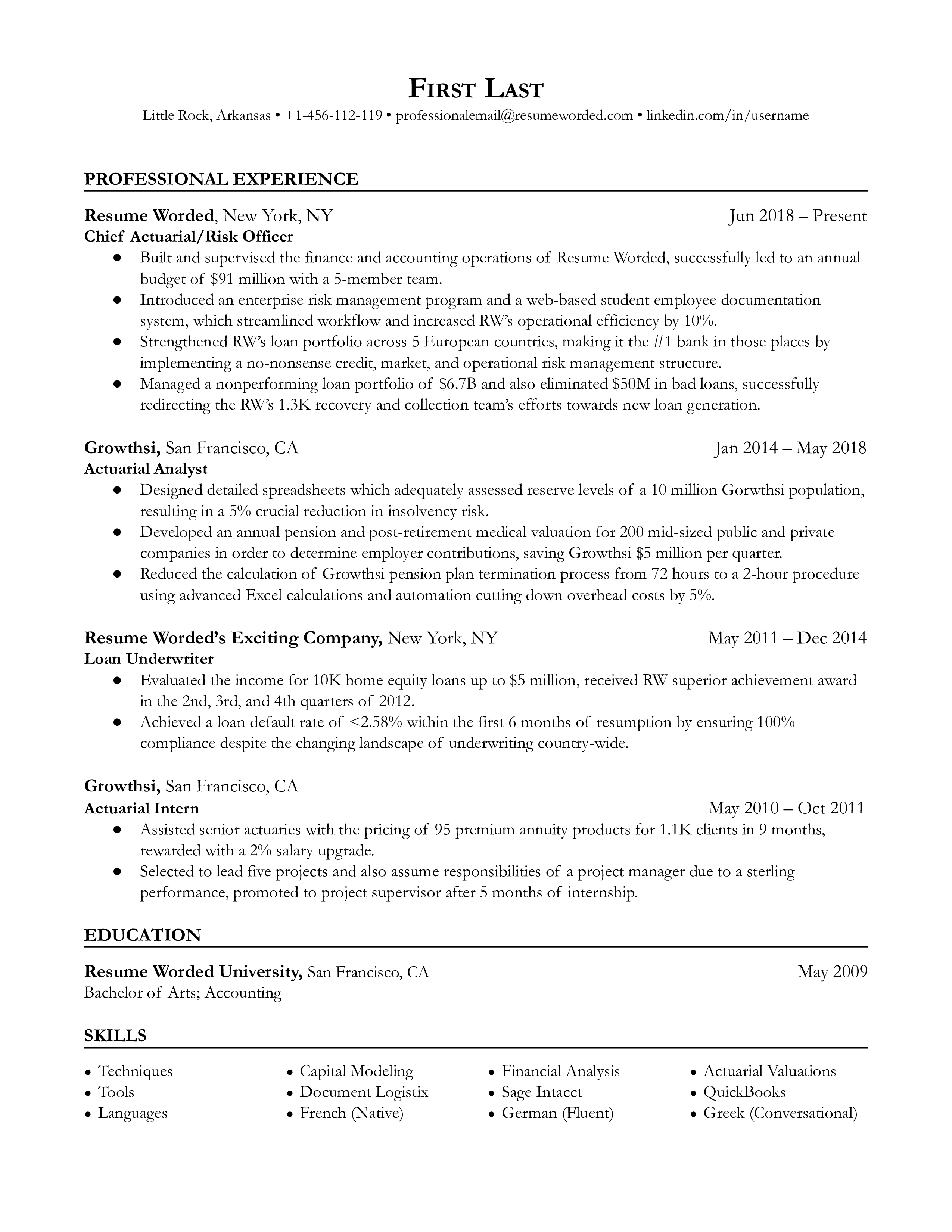 Chief Actuarial/Risk Officer Resume Template + Example