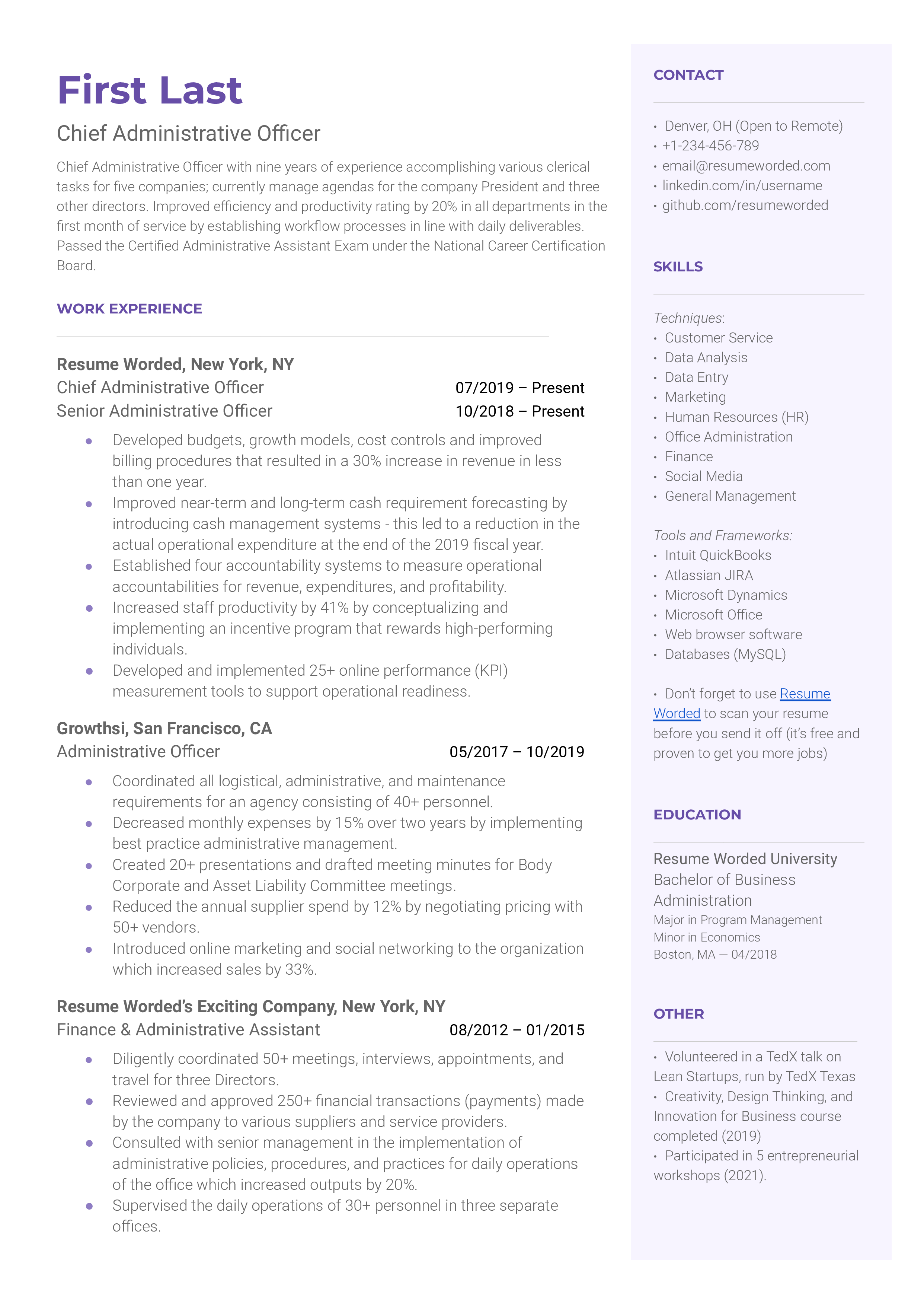 A chief administrative officer resume sample that highlights the applicant's industry specific skill set and experience