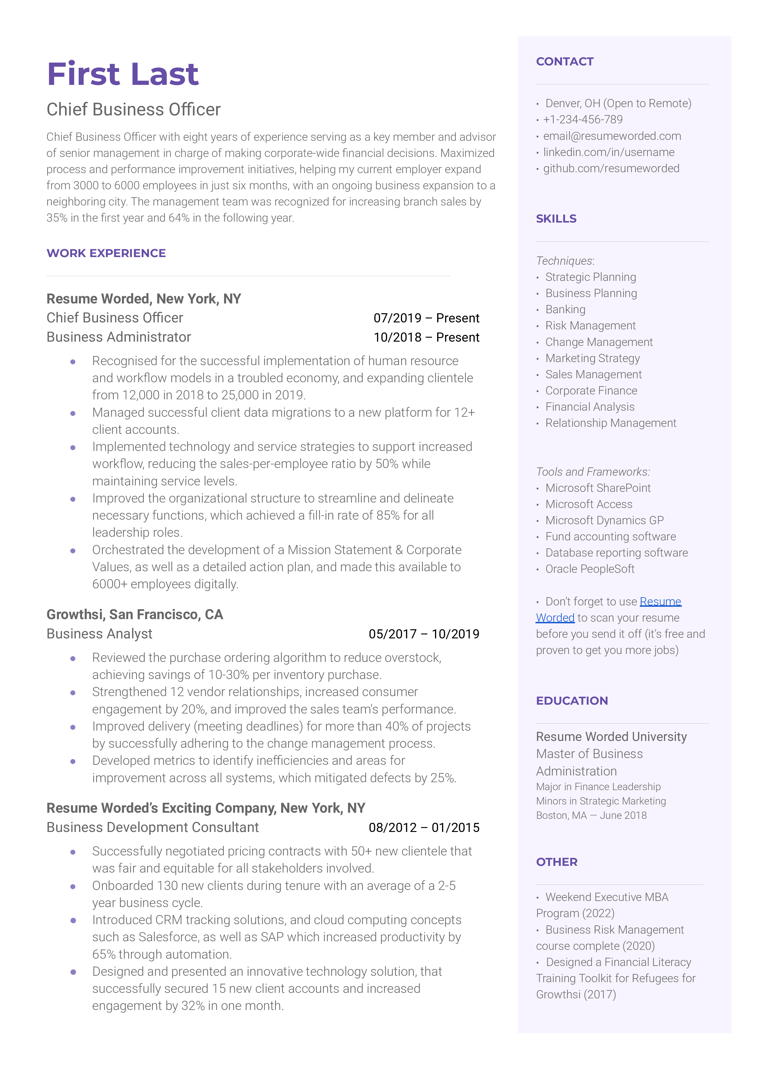 Chief Business Officer Resume Sample