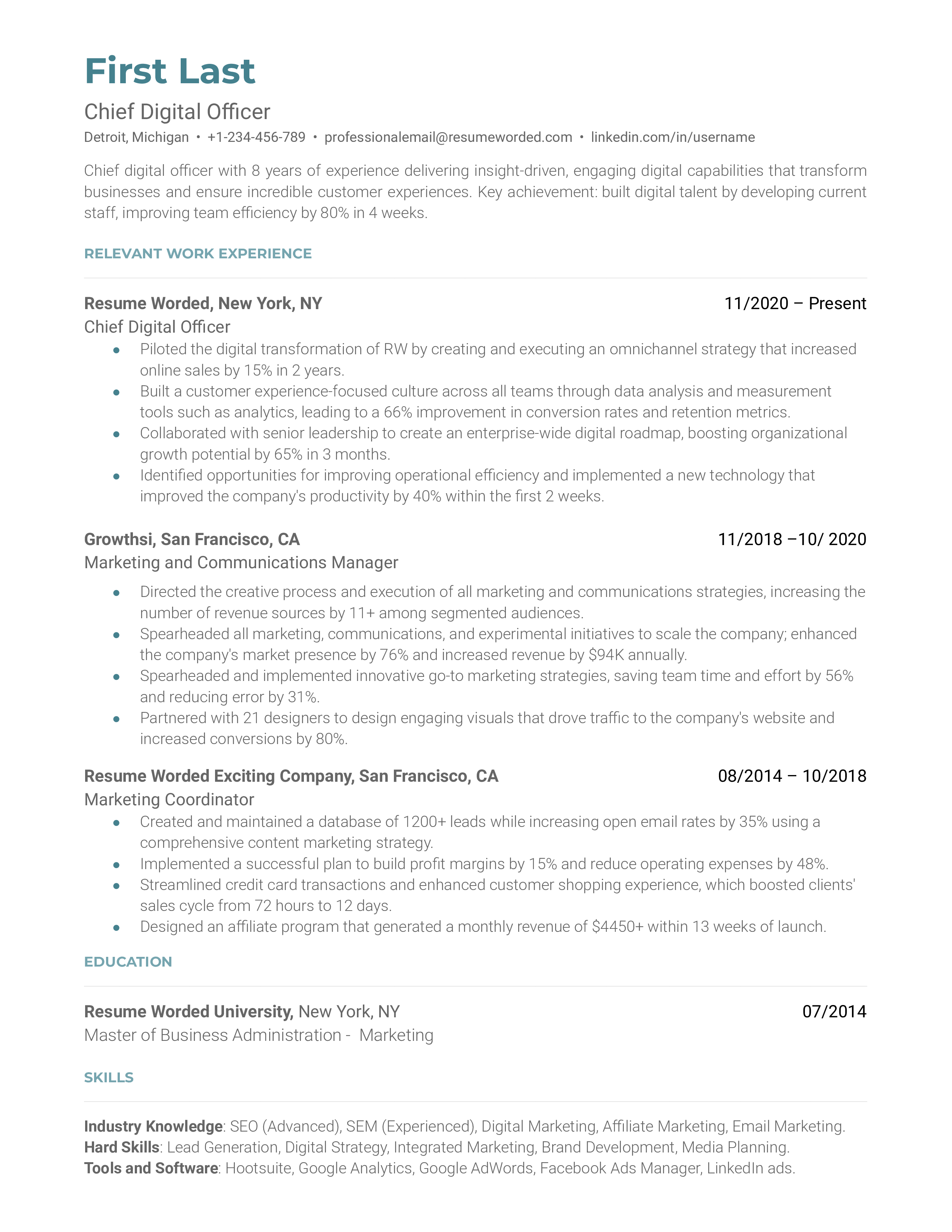 A chief digital officer resume template that highlights achievements