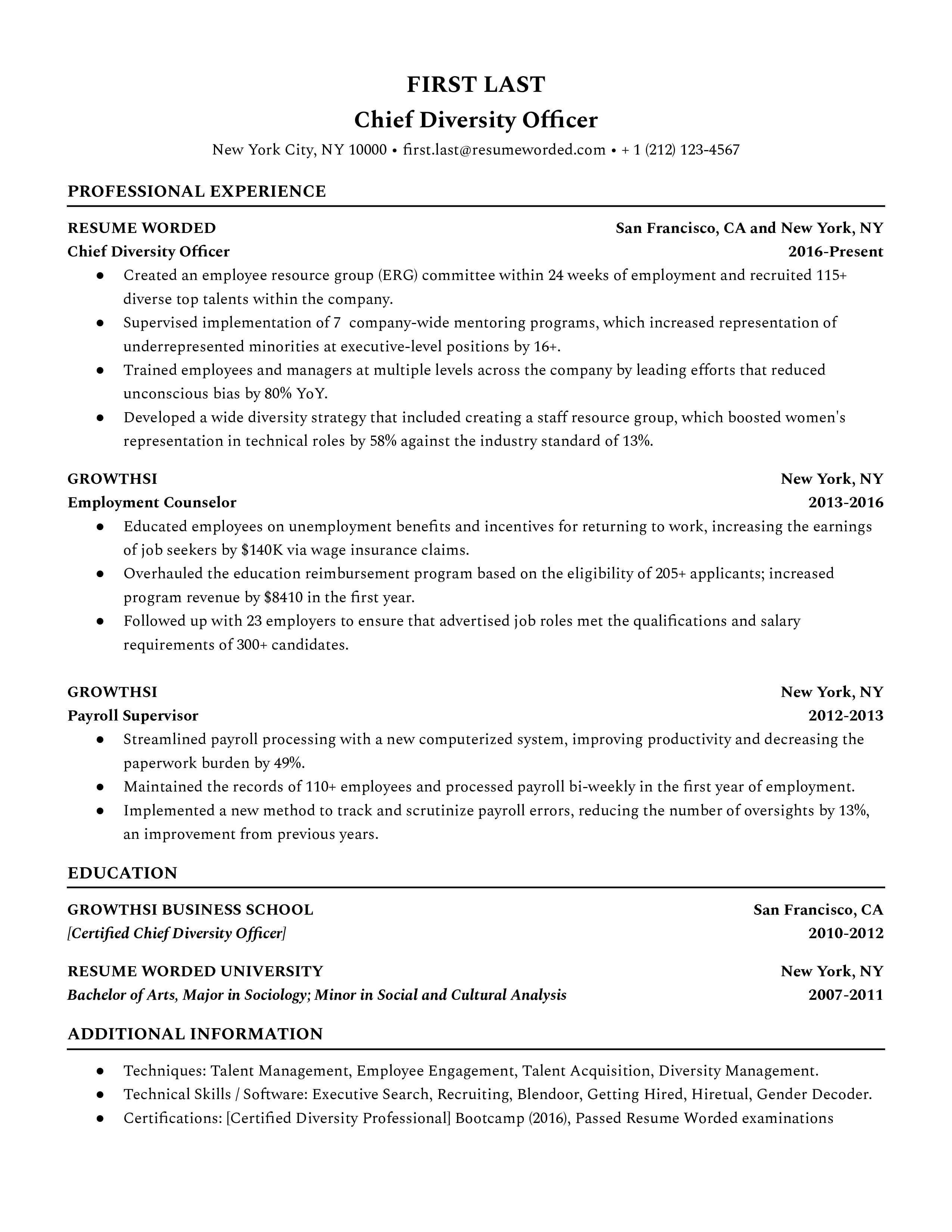 A chief diversity officer resume sample that highlights the candidate’s strong skills set and experience.