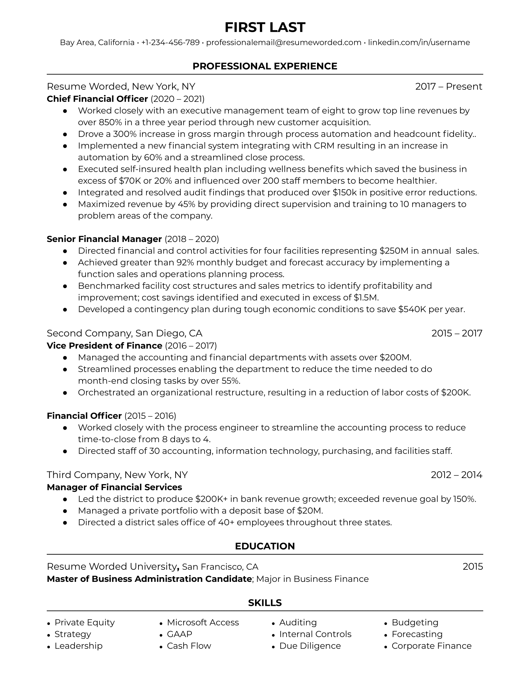 Chief Financial Officer resume template example focused on finance experience and showing career growth through promotions