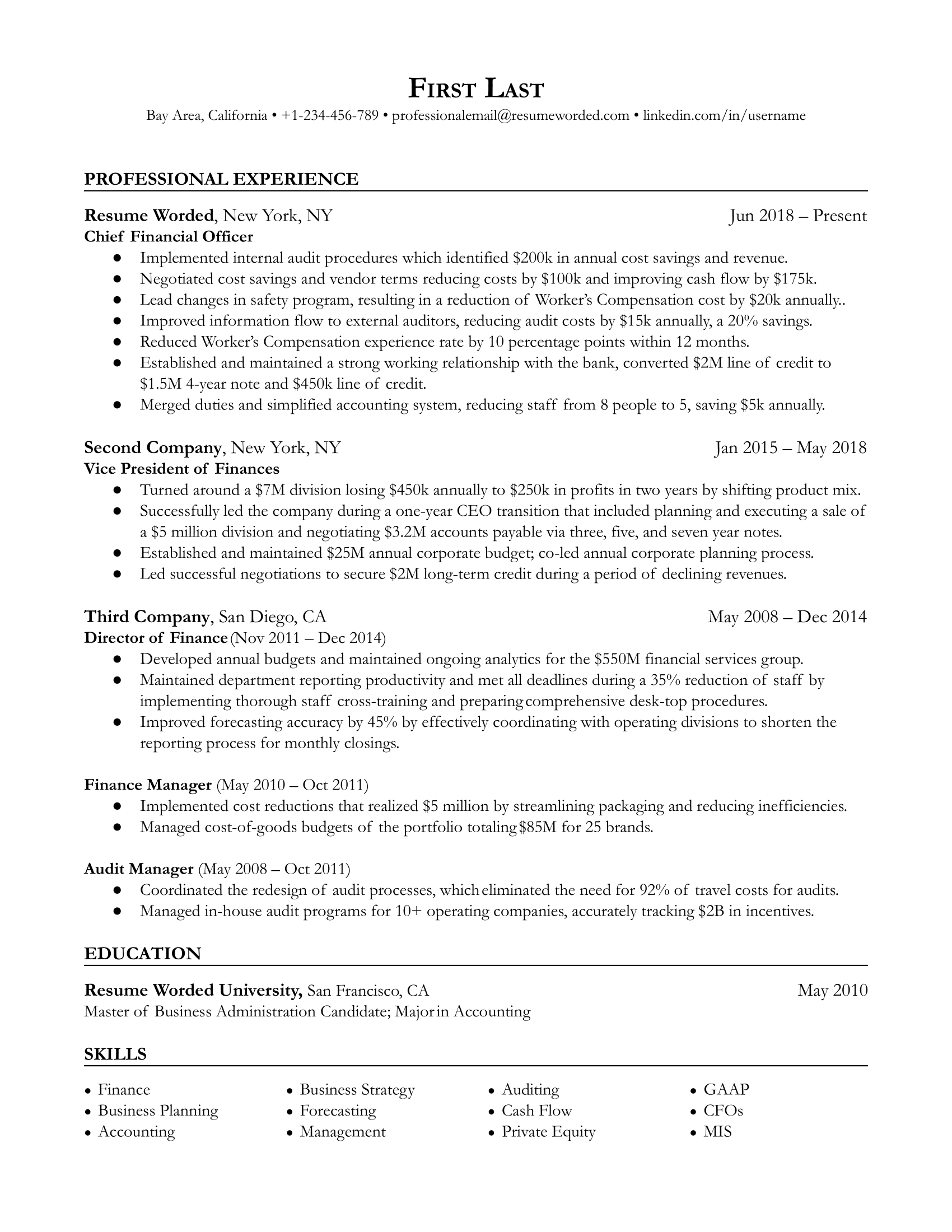 Chief Financial Officer resume template example with strong action verbs and targeted list of skills