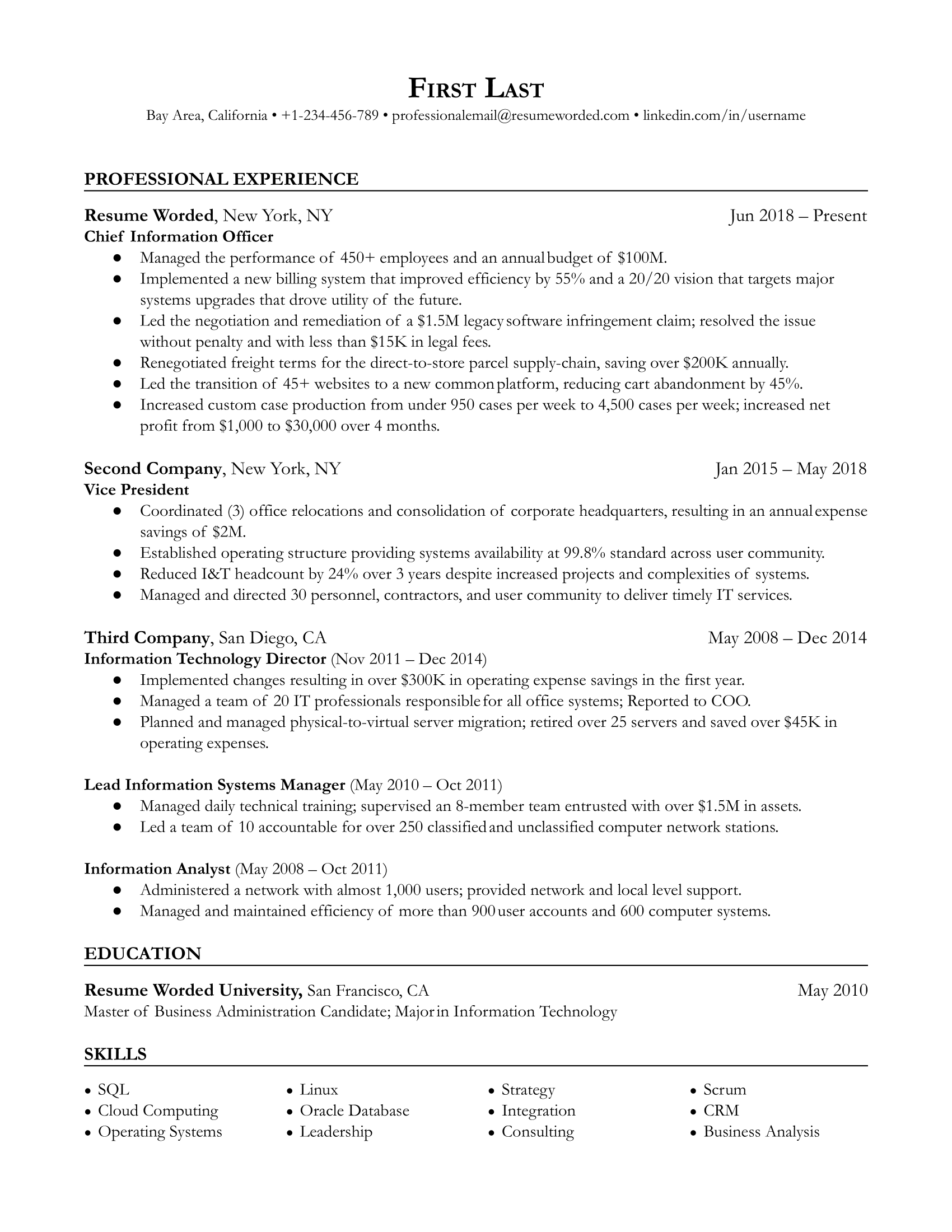 Chief Information Officer resume template example using metrics to illustrate recent achievements