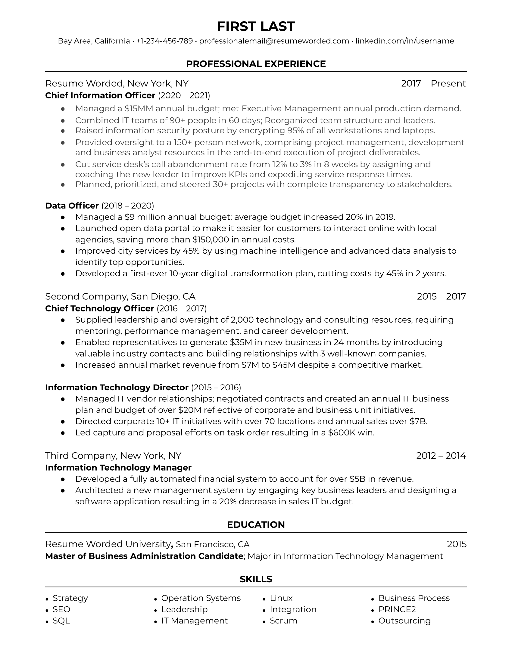 Chief Information Officer resume template example using metrics to illustrate recent achievements