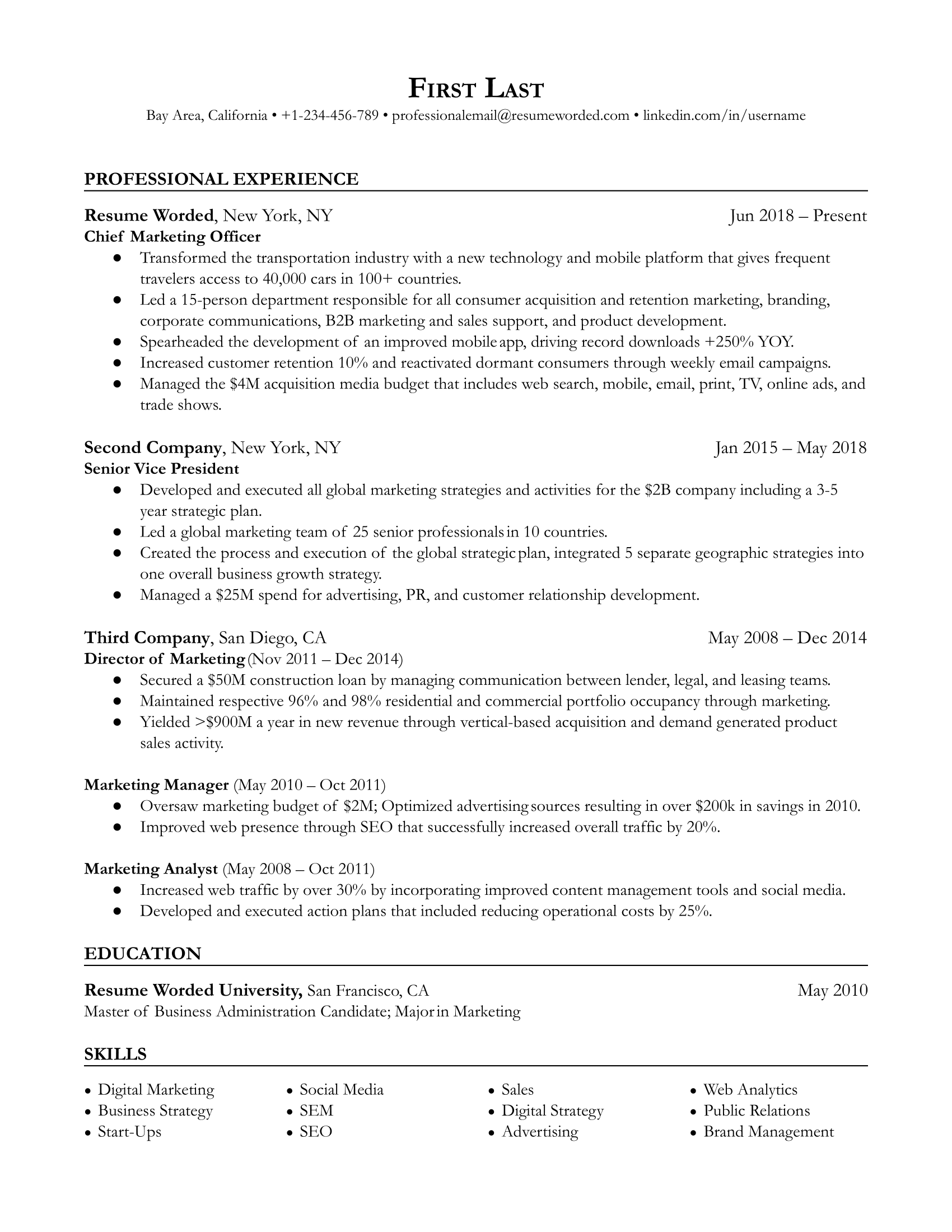 Chief Marketing Officer resume template example focused on marketing and emphasizing internal promotions