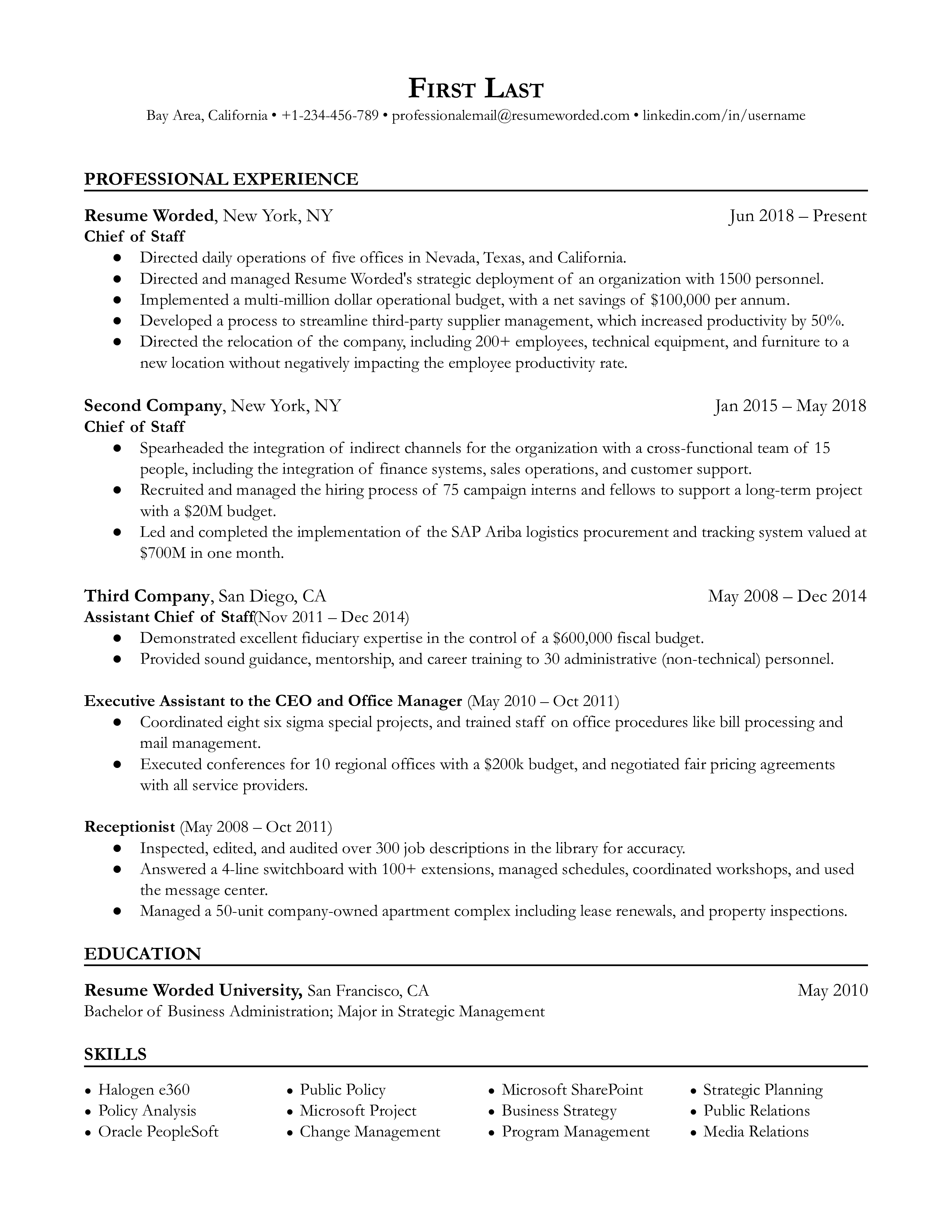 A chief of staff resume sample that highlights the applicants vast experience and career progression