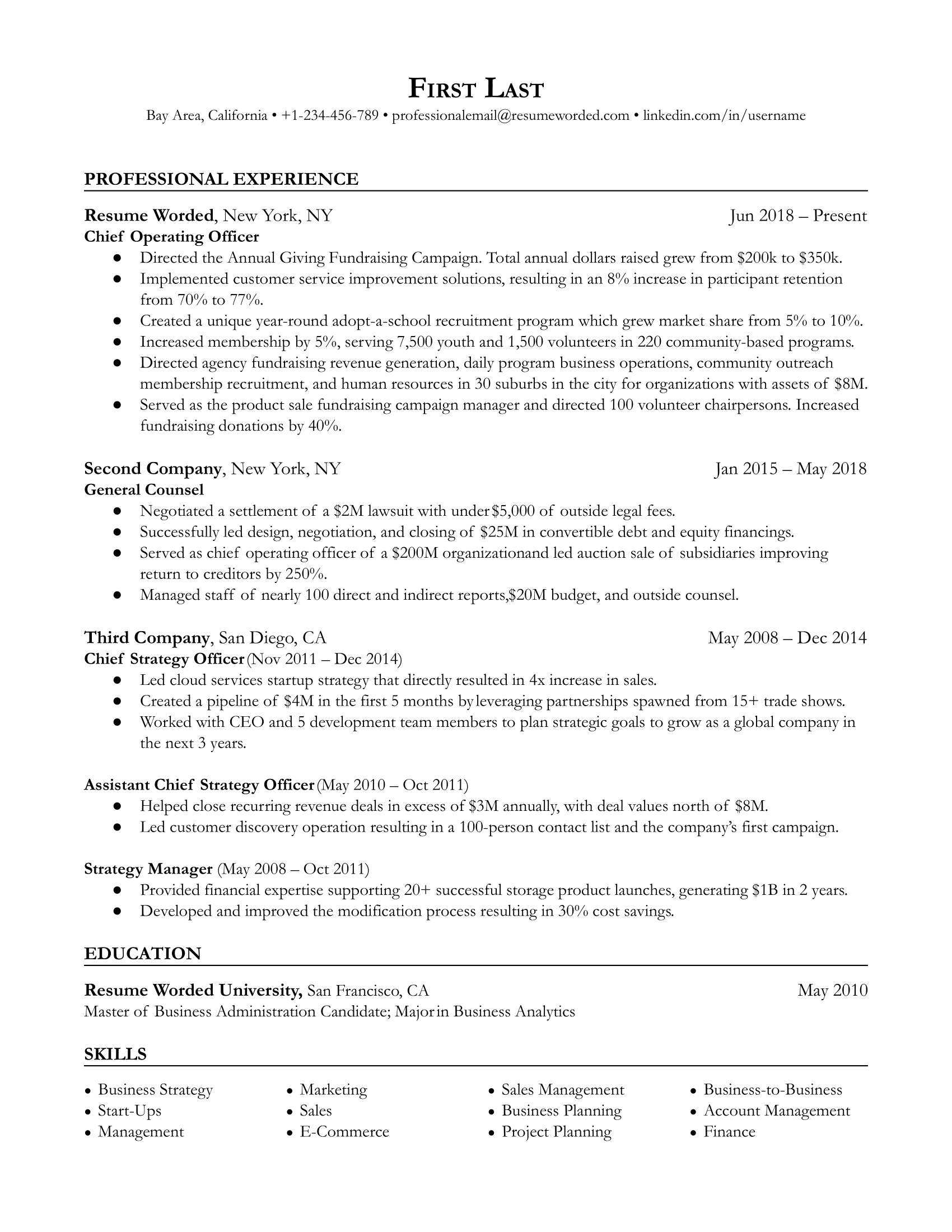 Chief Operating Officer resume template example with clear metrics that emphasize transferable skills