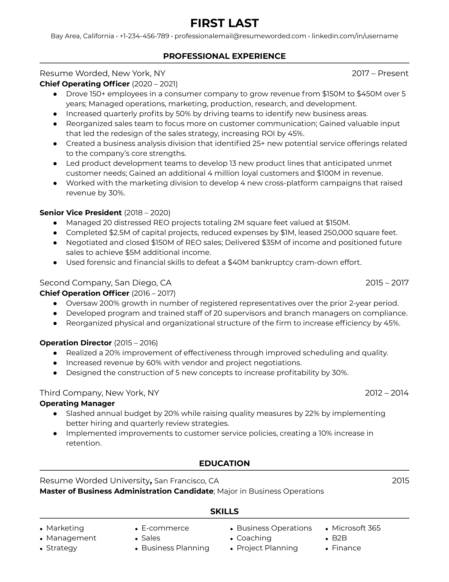 Chief Operating Officer resume template example focusing on the most relevant skills and achievements