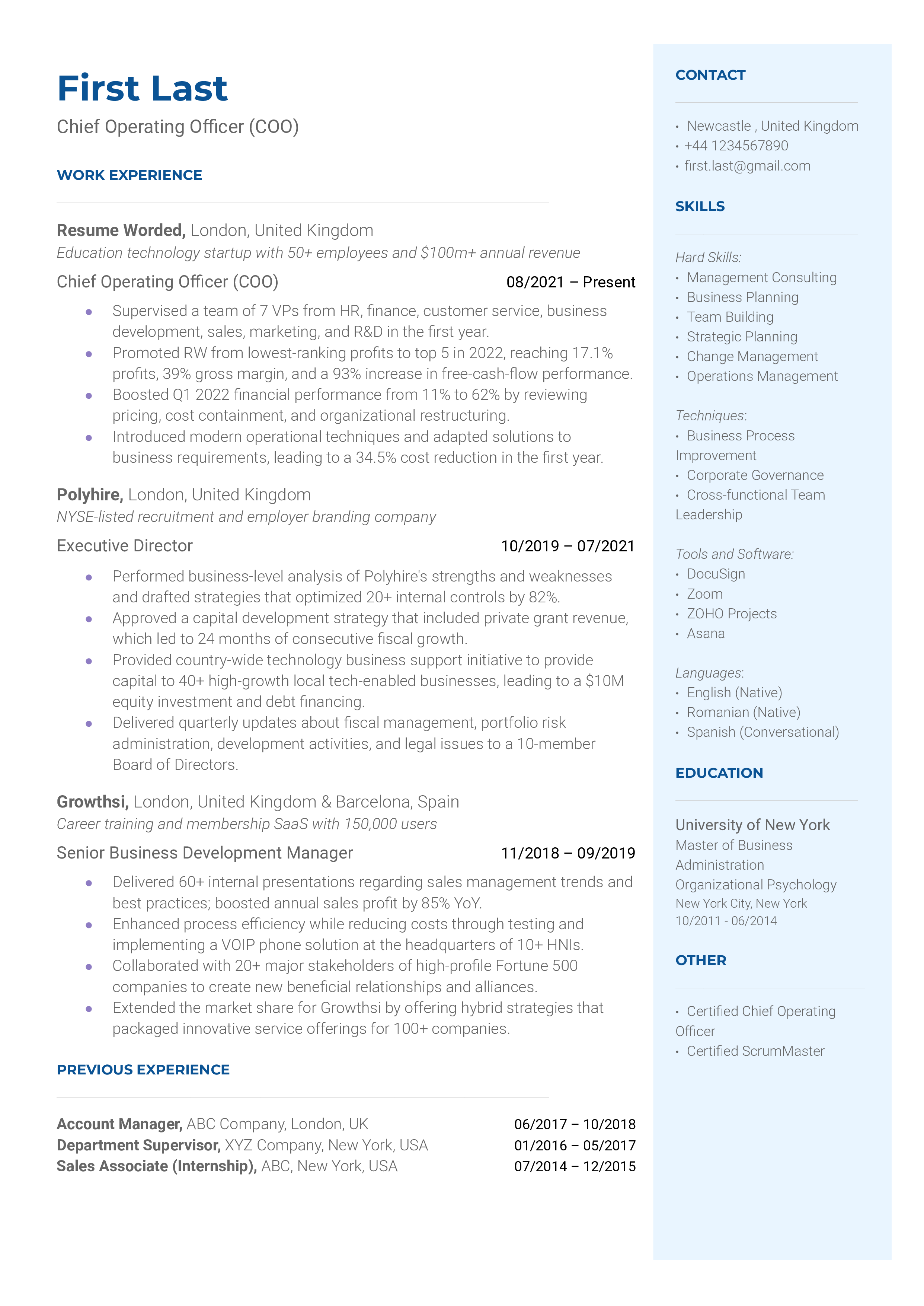 A Chief Operating Officer resume showcasing experience in managing daily operations, implementing business strategies, and ensuring the overall success of an organization.