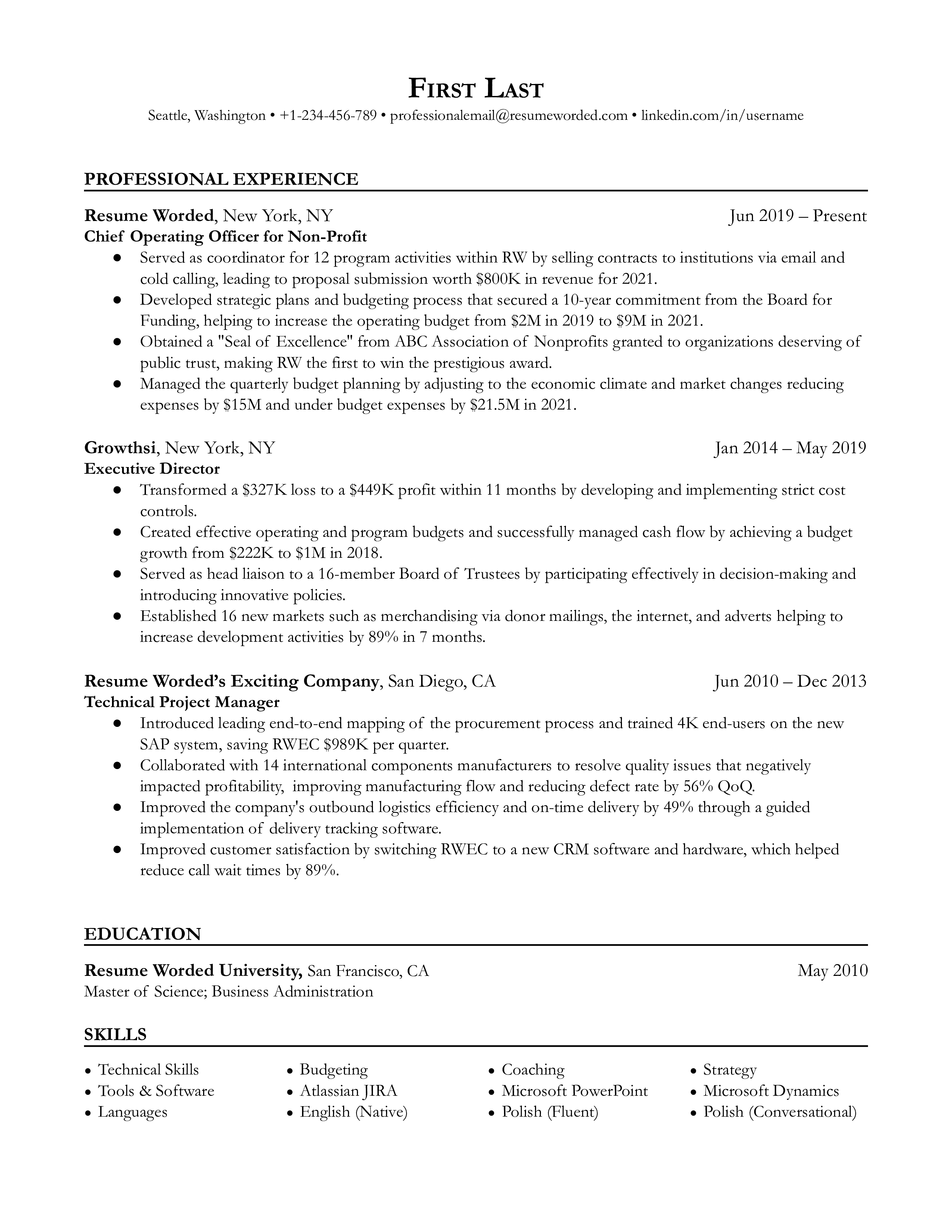 Chief Operating Officer for Non-Profit Resume Sample