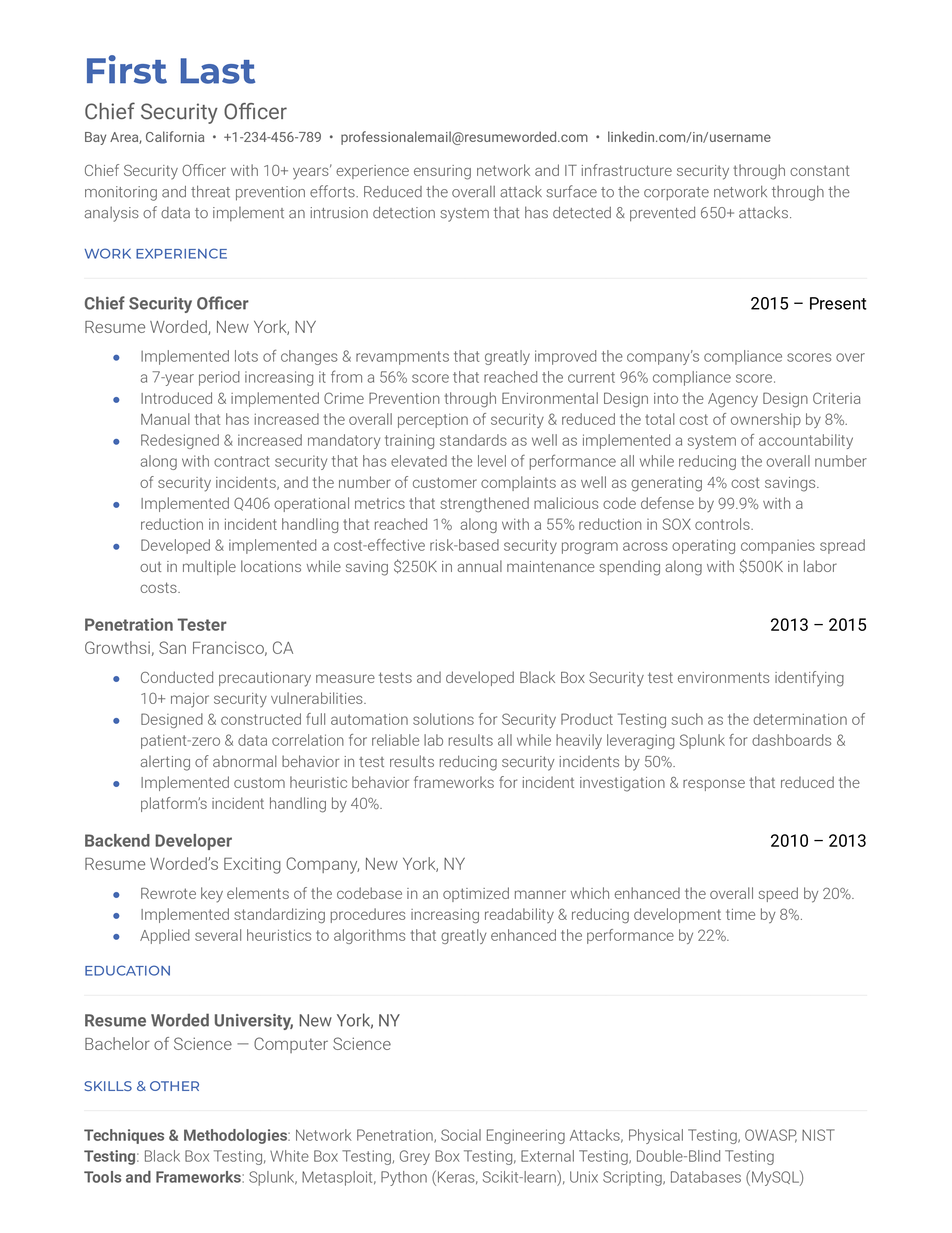 A CV screenshot for a Chief Security Officer position.