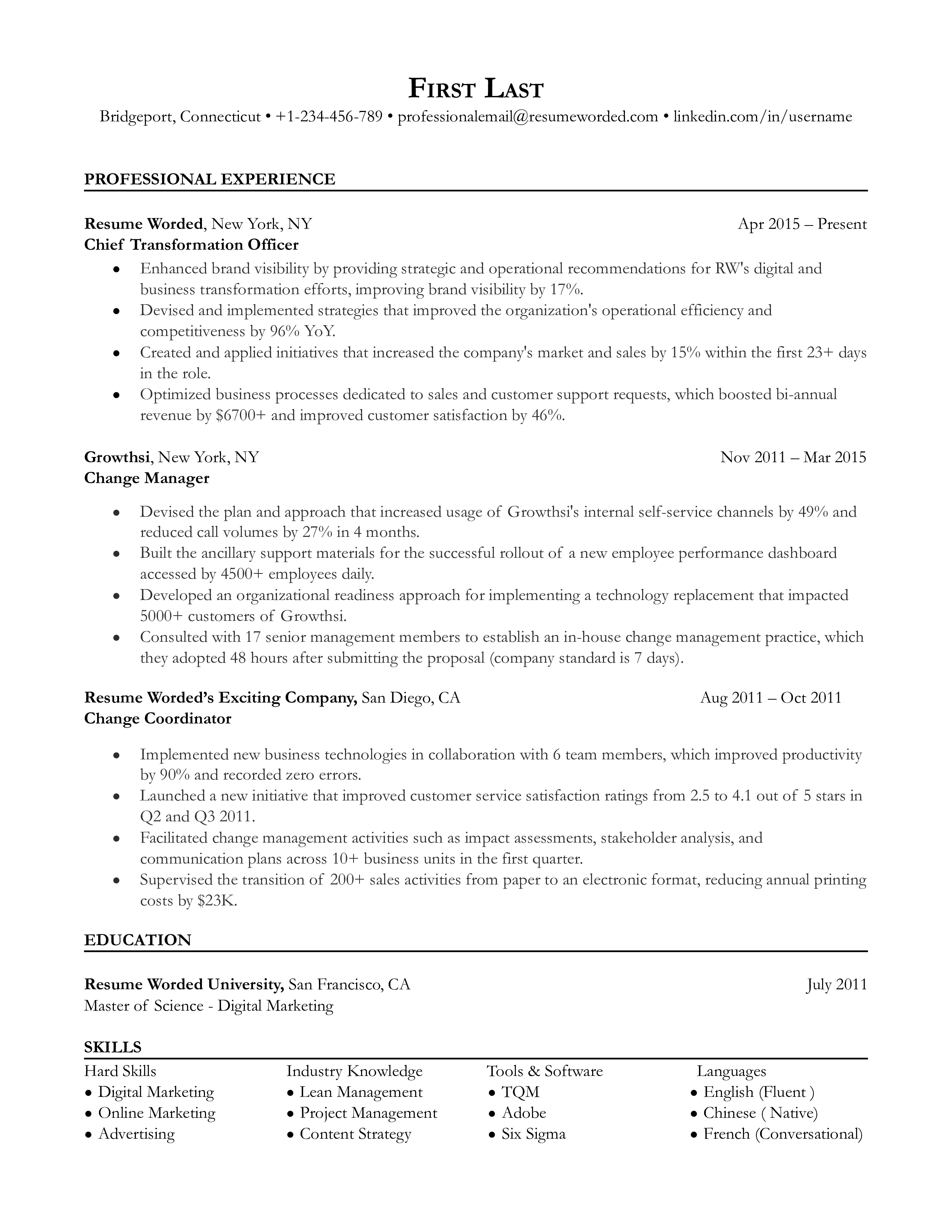 A chief transformation officer resume template including contact information and relevant work experience.