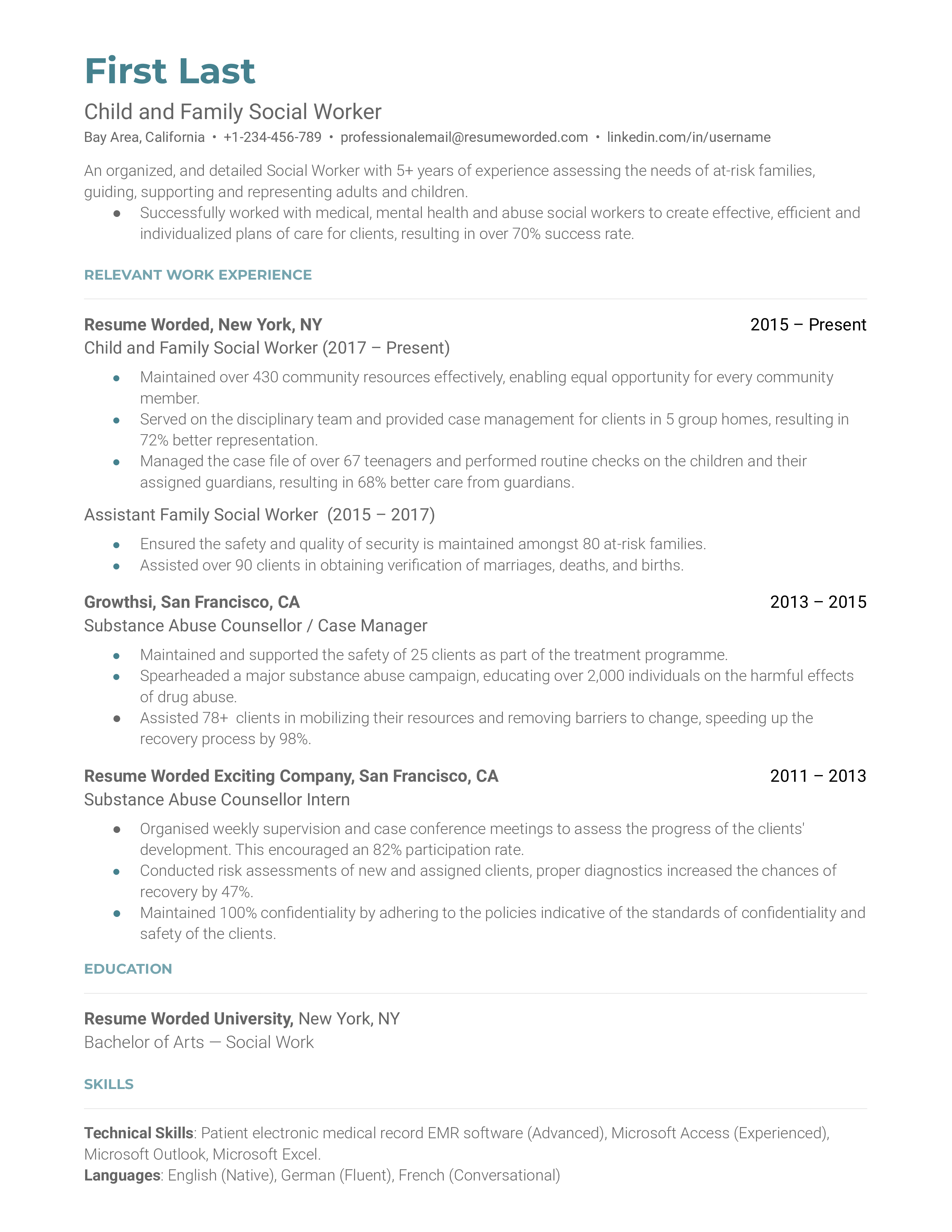 Child and Family Social Worker Resume Sample