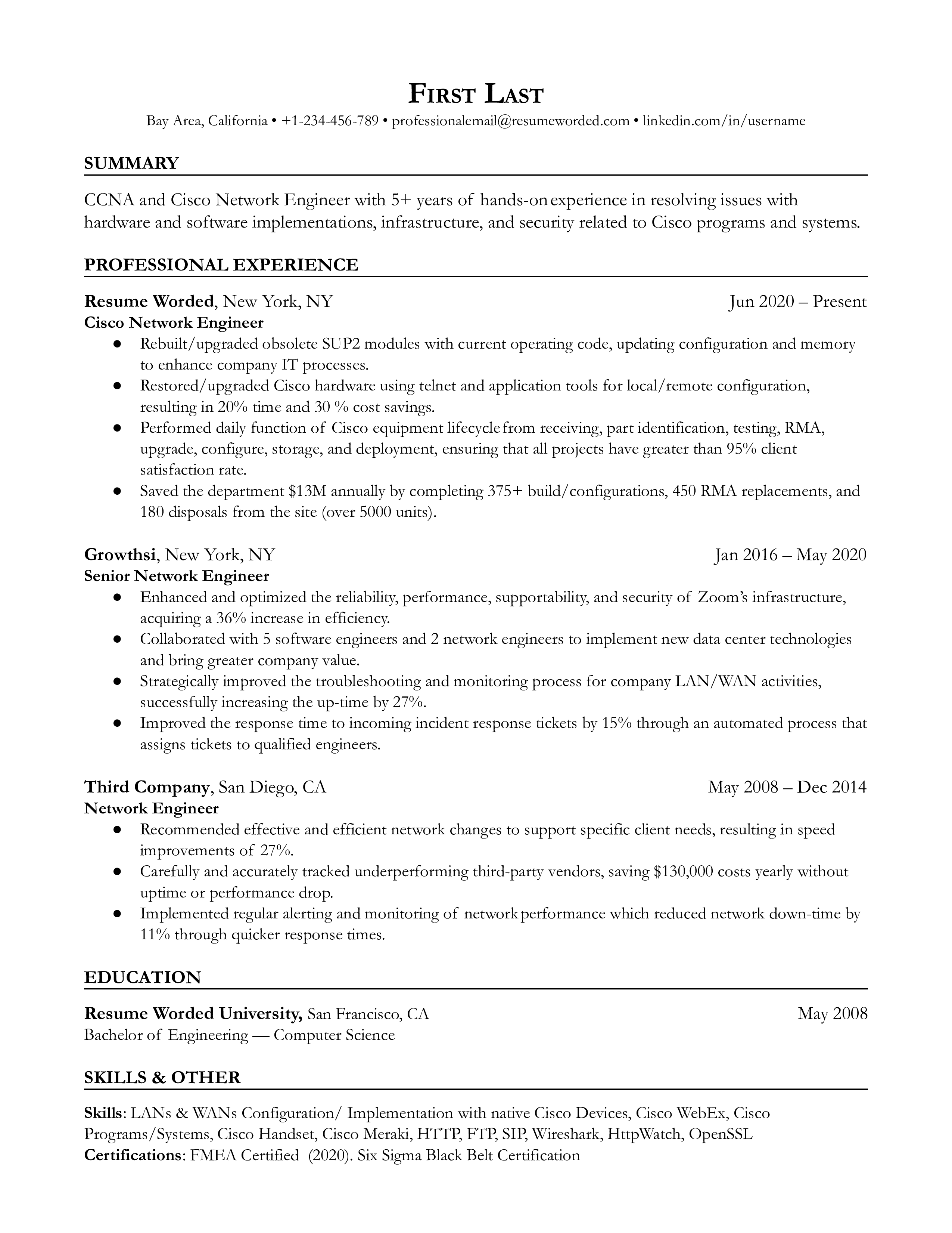 Cisco Network Engineer CV featuring technical skills and problem-solving experiences.