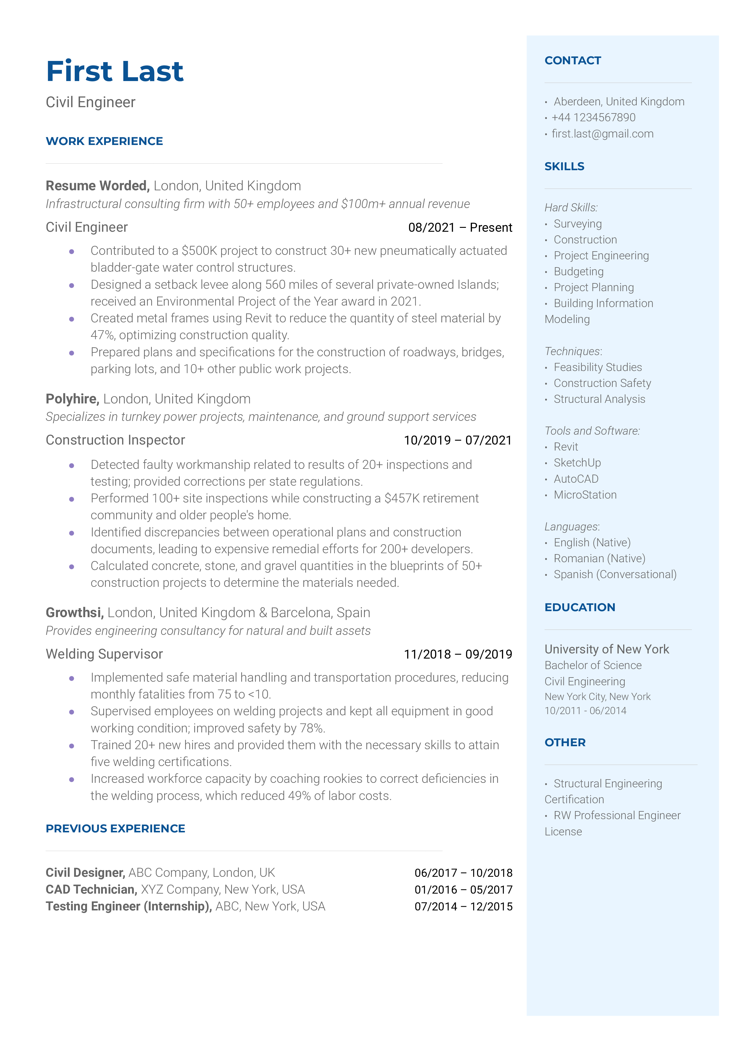 A resume for a civil engineer with a master's degree and experience as a junior engineer and technician.
