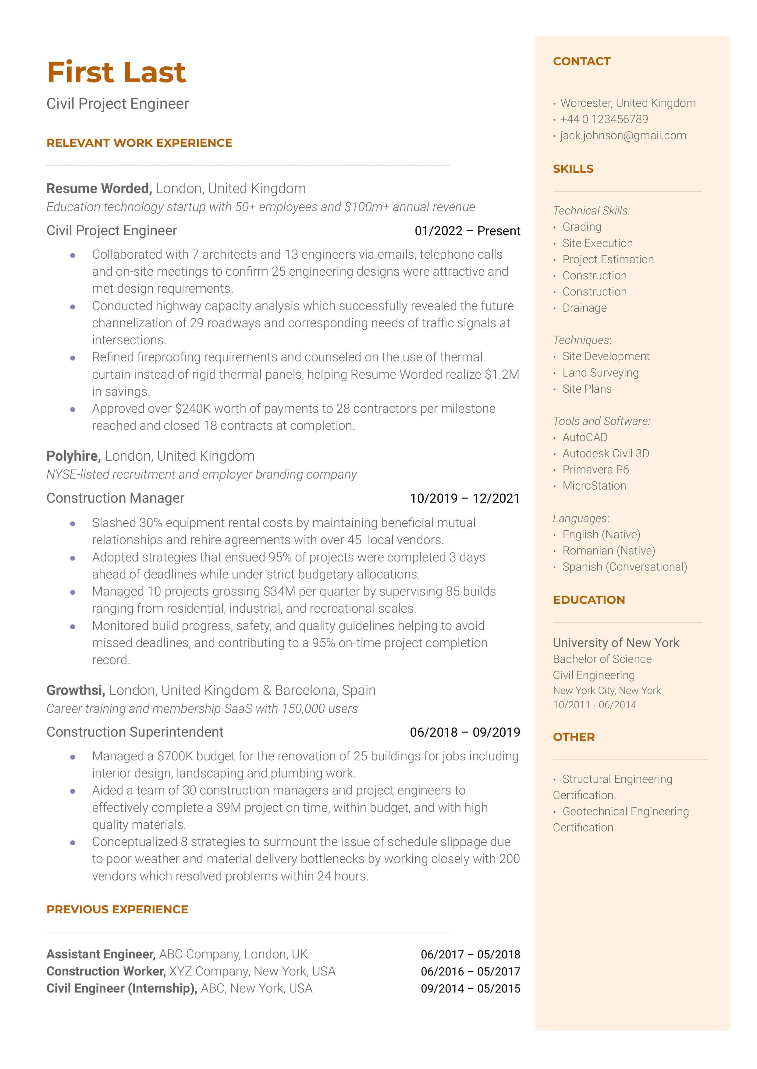 A well-structured CV of a Civil Project Engineer focusing on technical skills and project achievements.